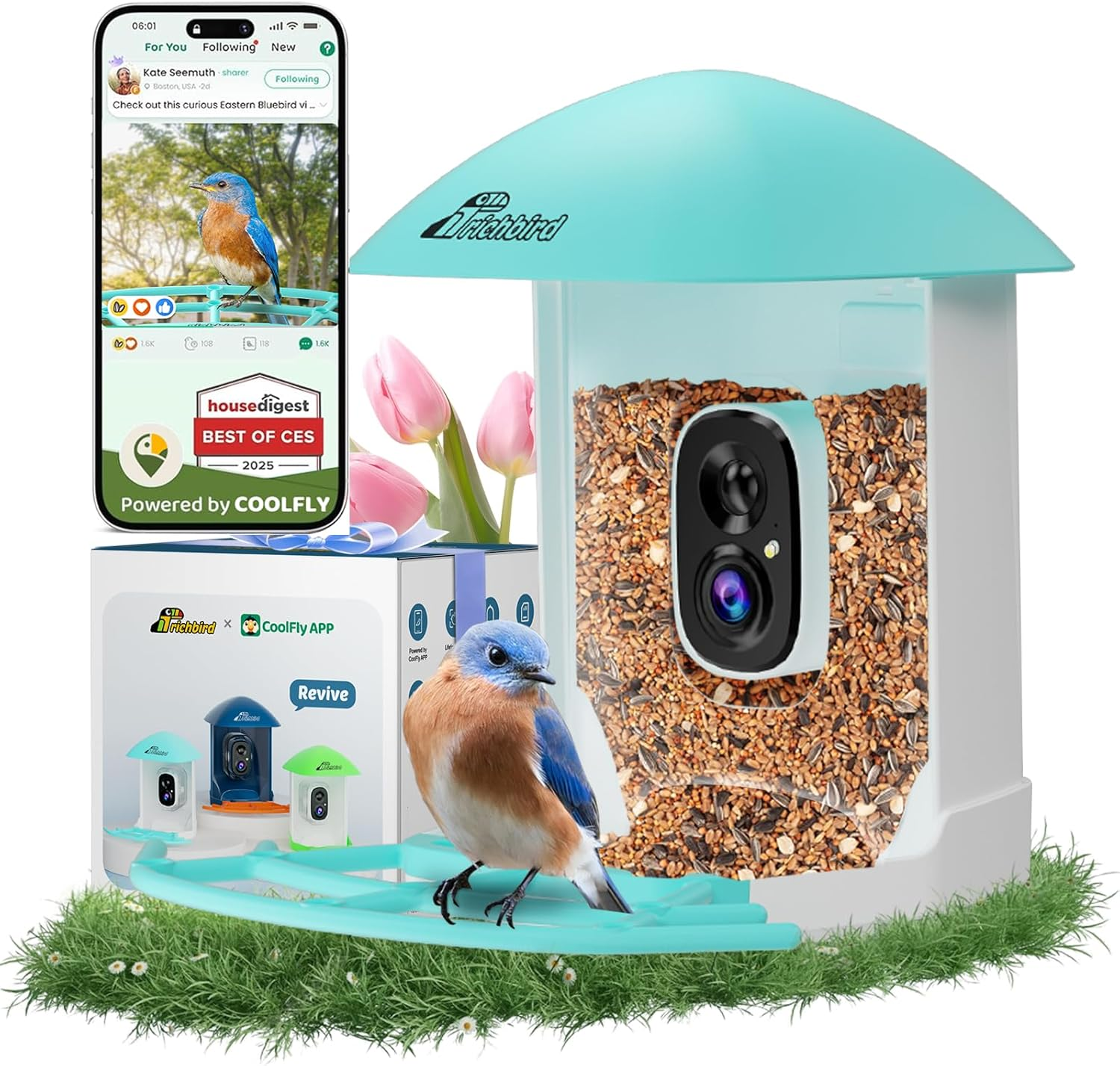 Smart Bird Feeder with Camera, 2K HD Birdwatching Camera with AI Identify Bird Species & Solar Panel, Auto Video Capture & Instant Notifications, Ideal Gifts for Lover, Deep Blue