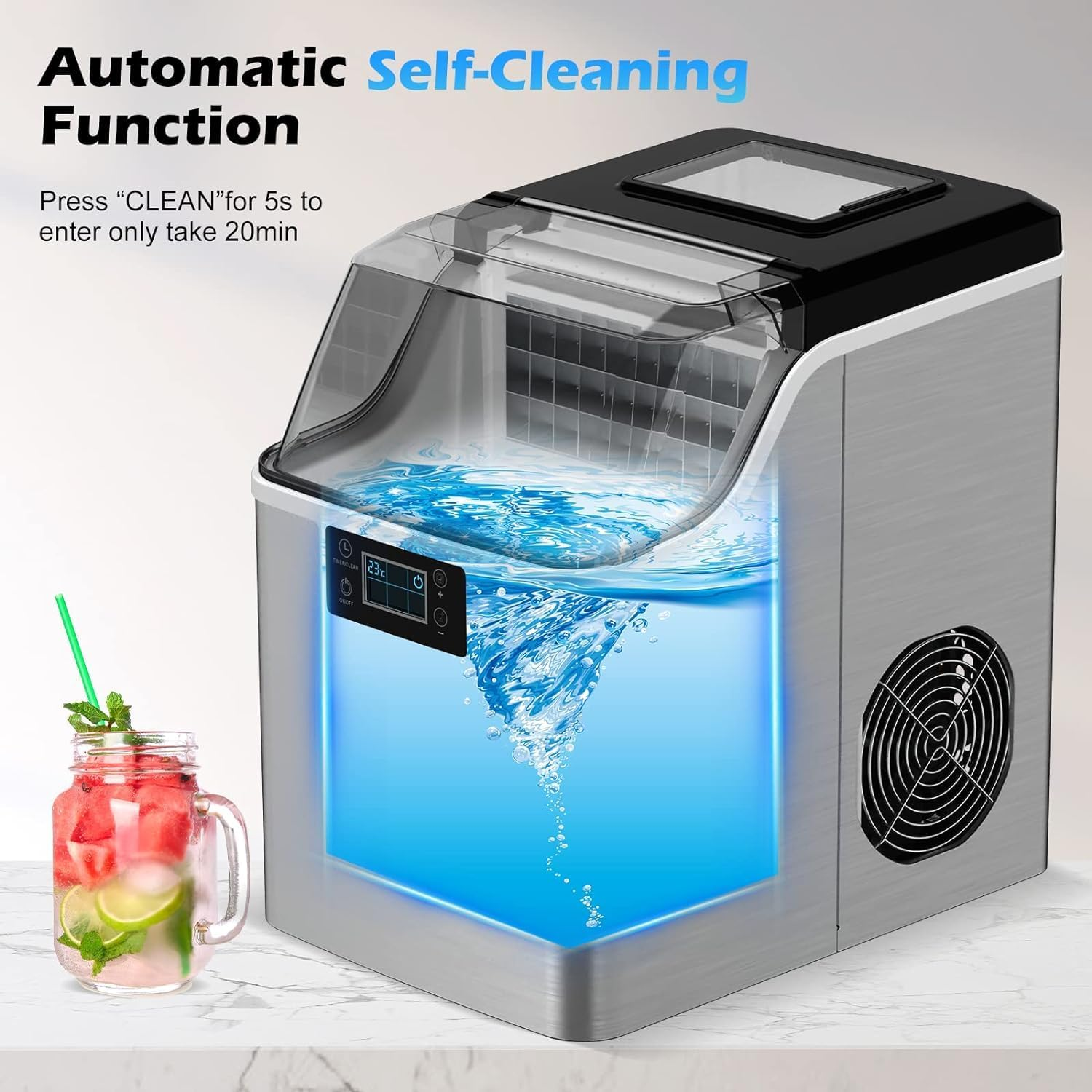 Advwin 20KG Ice Maker Machine Countertop, Self-Cleaning Ice Cube Maker, Silver