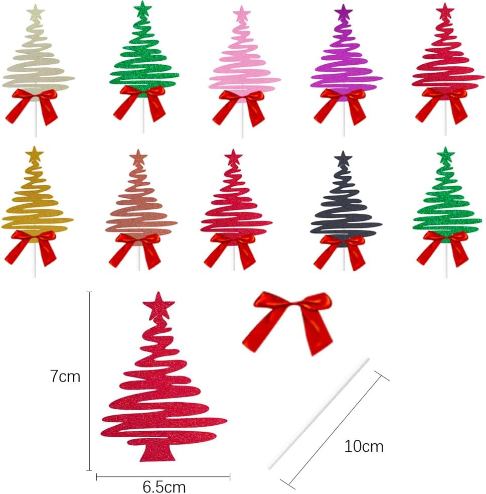 10Pcs Christmas Tree Flag Cupcake Decorations, Christmas Themed Party Birthday Cake Decorations。 image number 1