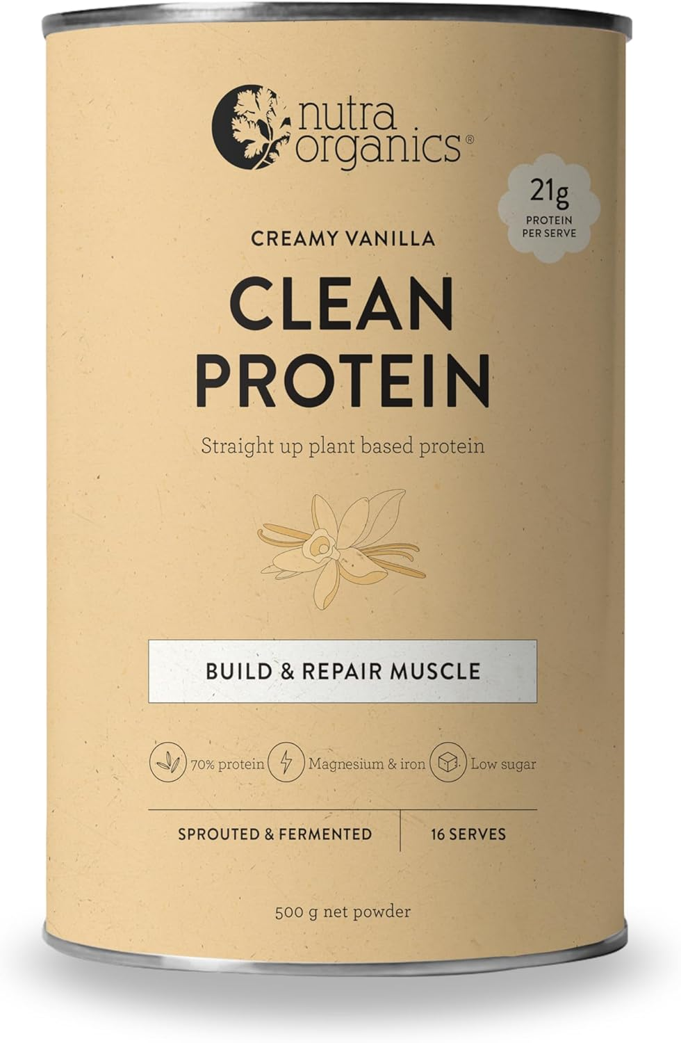 Nutra Organics Clean Protein Creamy Vanilla 500 G | Plant Based Workout Protein Powder | Bcaas | Supports Muscle Mass Building, Toning & Repair (16 Serves) image number 1