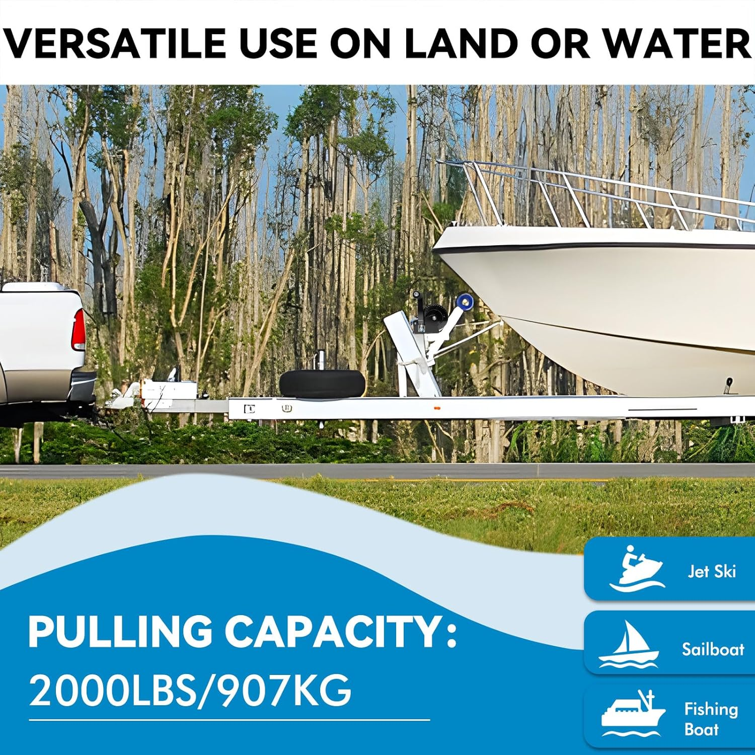 2000LBS Boat Trailer Winch with 8M Polyester Strap and Safety Hook, Manual Hand Crank Winch, One-Speed Ratchet Gear Towing Winch Boat for ATV, Jet Ski, Marine,Truck Towing image number 6