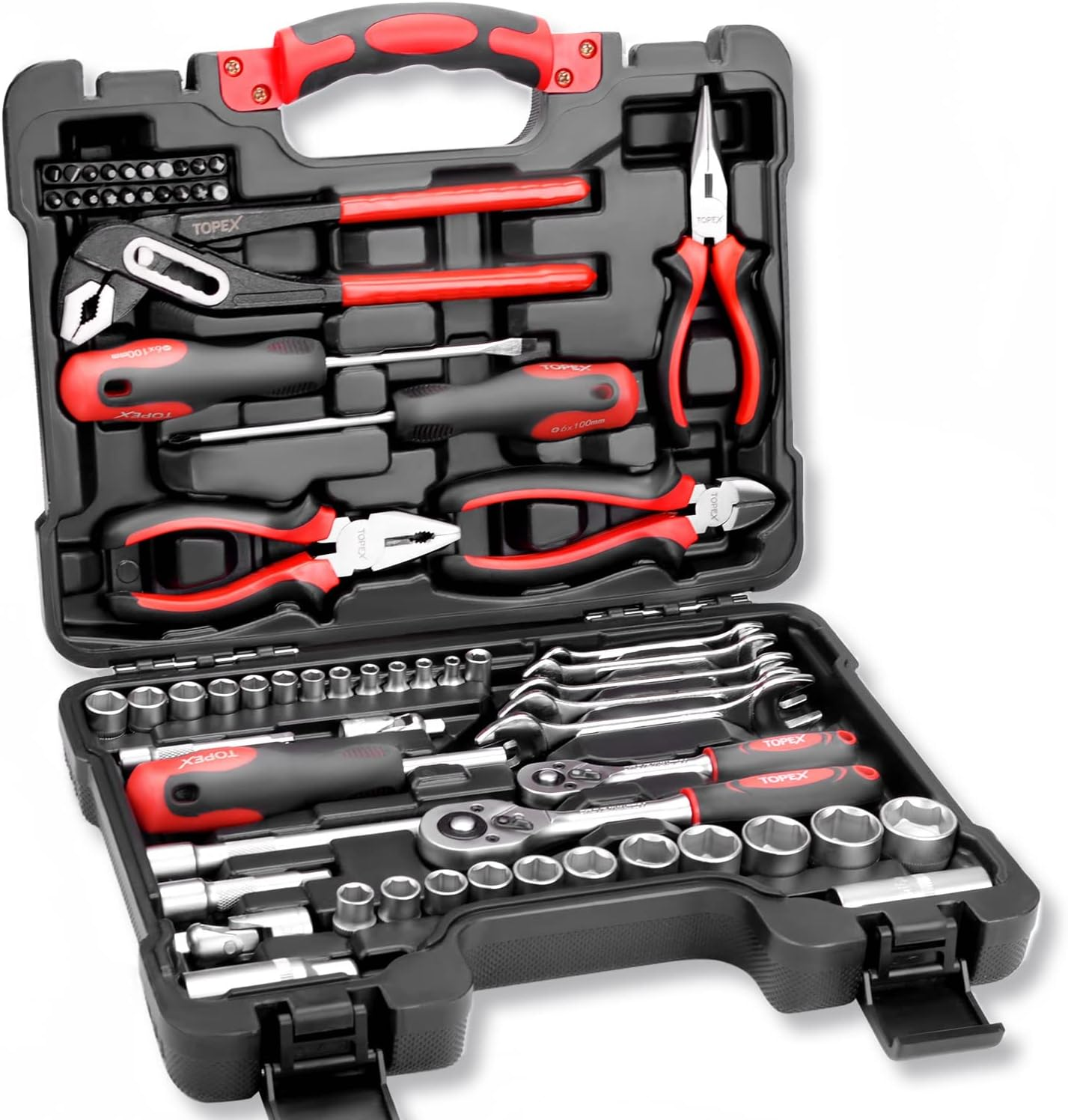TOPEX 65-Piece Household Hand Tool Set Portable Home Auto Repair Kit Premium Quality W/Pliers, Screwdriver Kits Toolbox Storage Case/Mechanic Hand Tool Set for Home Repair Maintenance image number 1