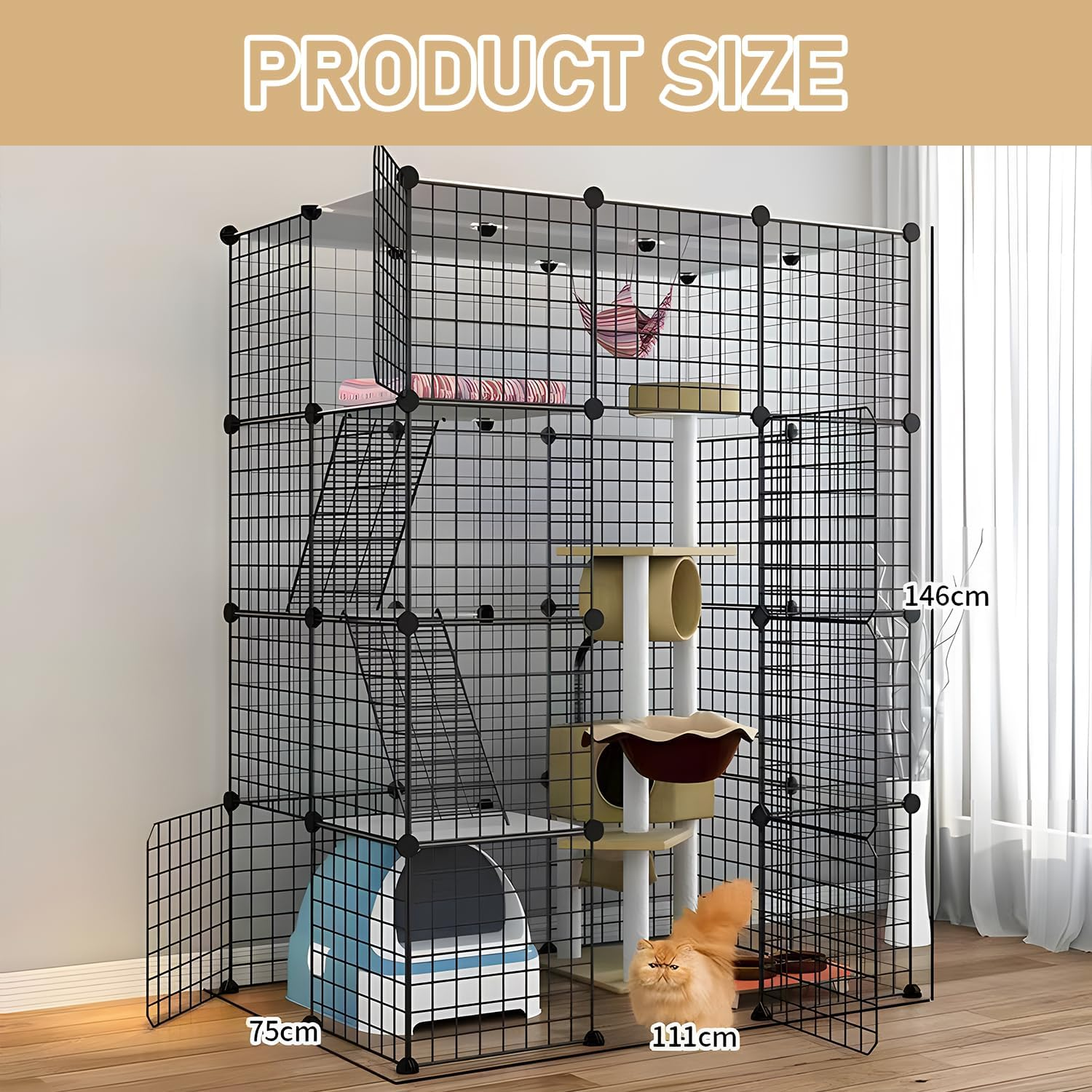 Uandhome 4 Tier 111Cm Cat Cage Large Enclosures with Hammock Detachable Metal Wire Crate Kennels Indoor/Outdoor Small Animal House Fence for 1-4 Cats,Diy Pet Crate Playpen(3 Columns and 2 Rows) (1)