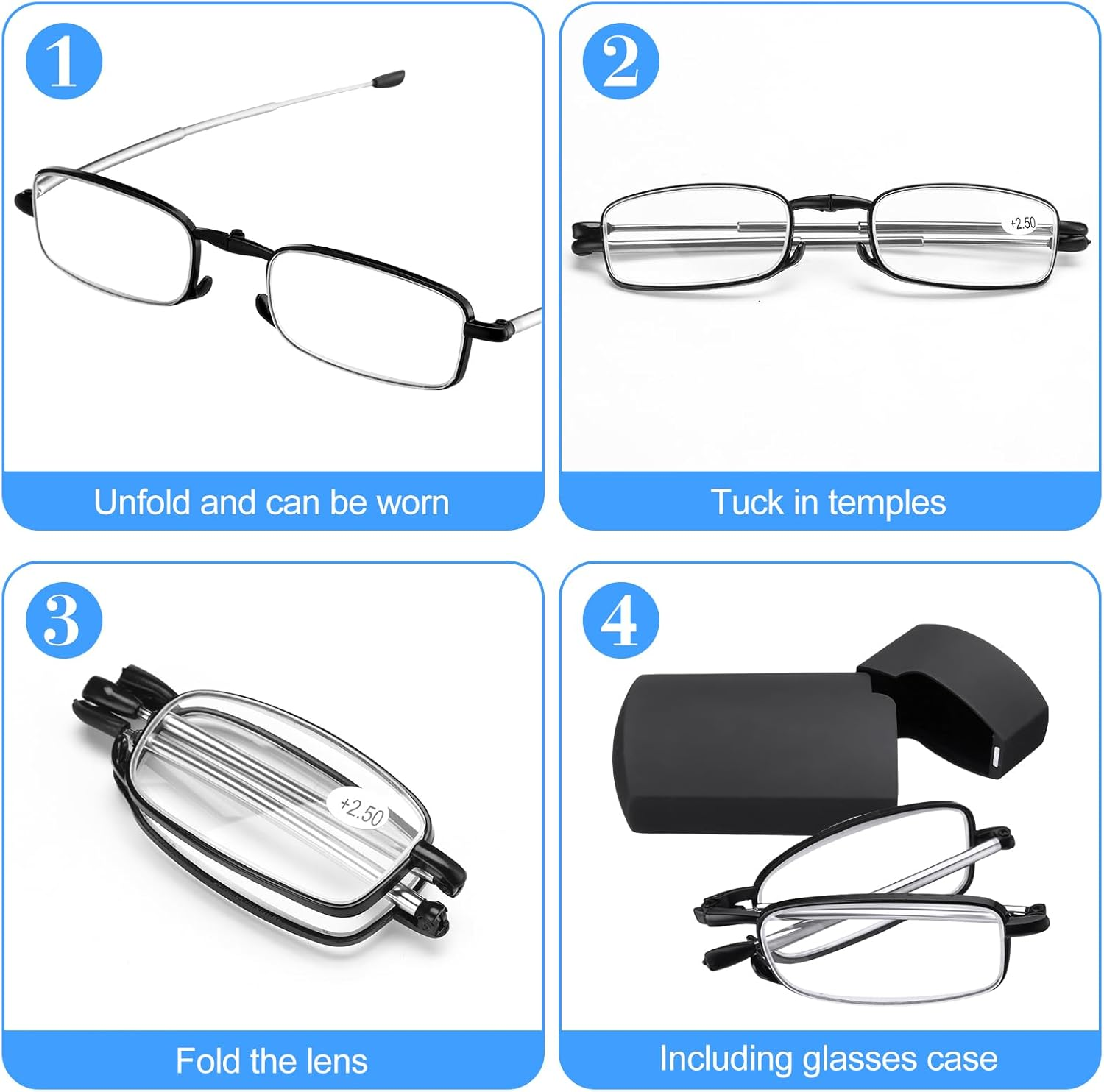 Coume 6 Pack Foldable Reading Glasses with Magnetic Glasses Case Spring Hinge Readers Blue Light Blocking for Men Women