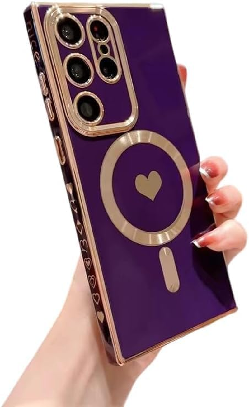 Magnetic for Samsung Galaxy S24 Ultra Case [Compatible with Magsafe] Cute Love Heart Luxury Plating Gold Edge Bumper,Built-In Camera Lens Protector,Shockproof Soft TPU Protective Cover-Black(6.8")