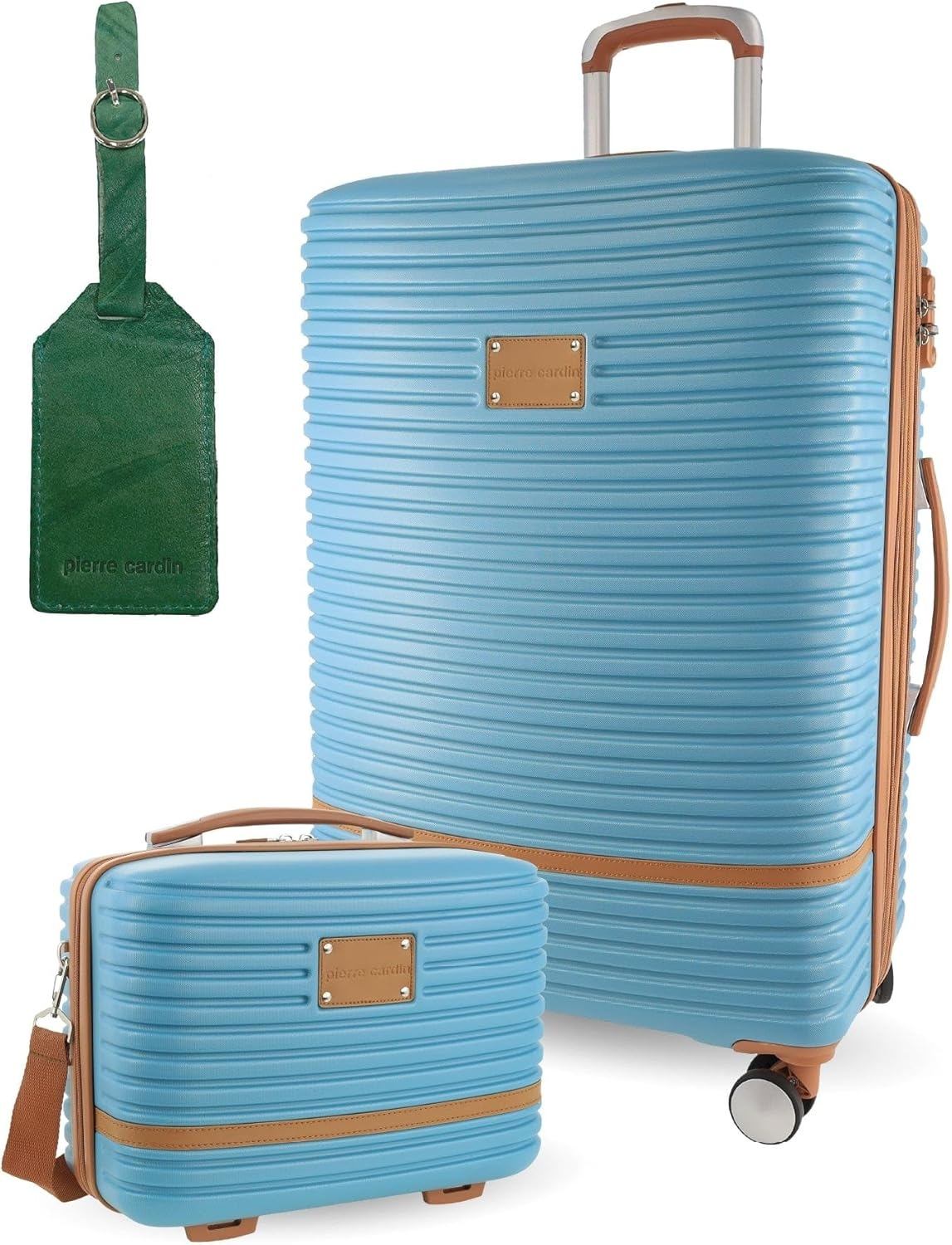 Pierre Cardin Large Blue Hard Shell with Mini Beauty Case Set + Assorted Leather Tag image number 1