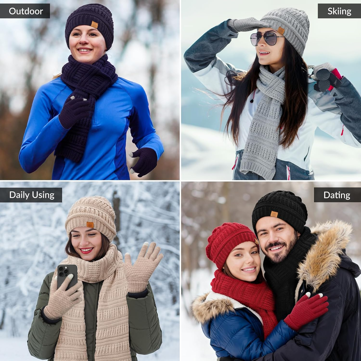 Winter Beanie Hat Scarf Gloves Set, Winter Clothes for Women, Fleece Lined Hats Touchscreen Gloves Thick Neck Warmer - Black image number 6