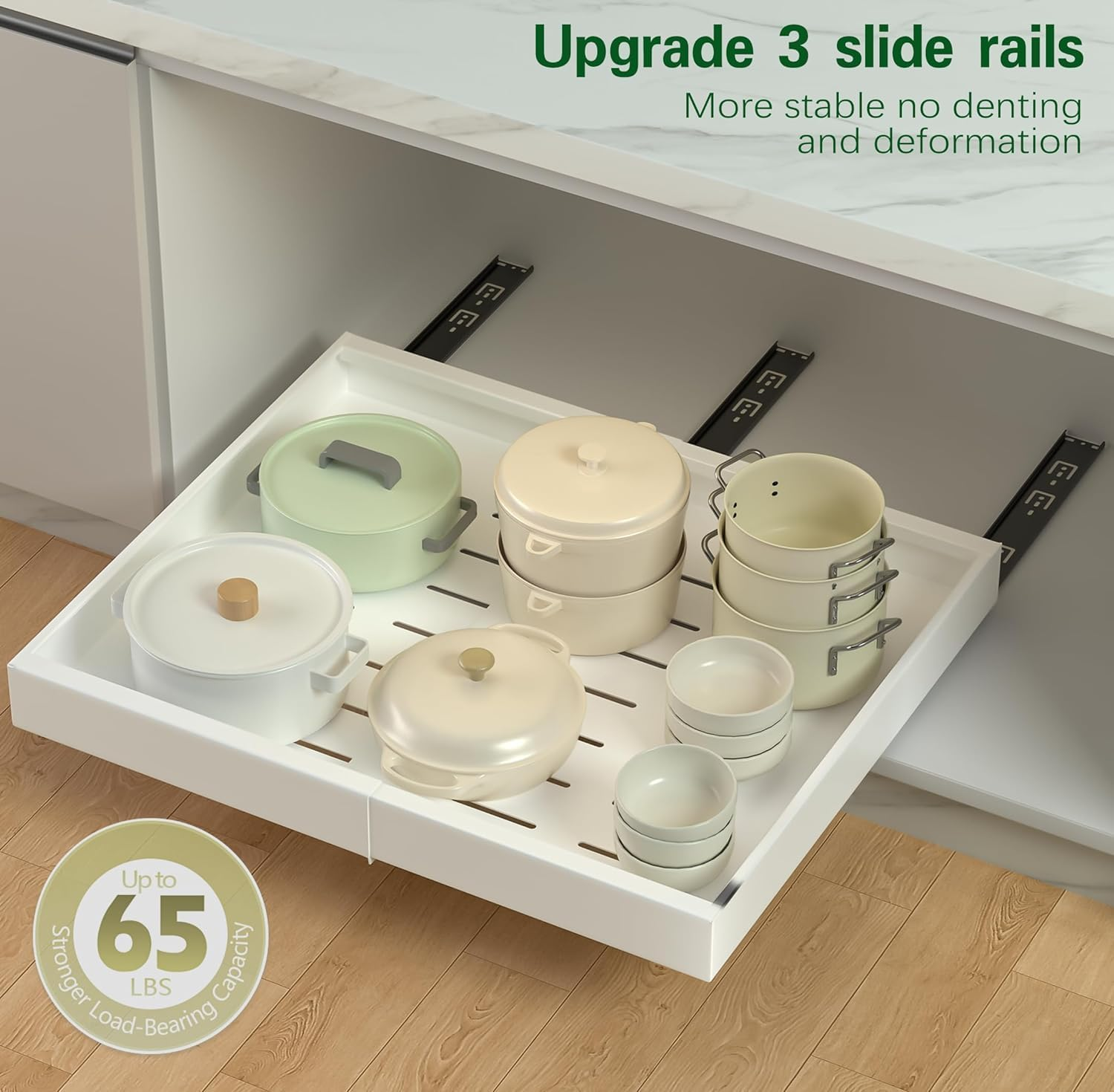 2 Pack Pull Out Cabinet Organizer Expandable, Adhesive with Nano Film, Pull Out Drawers for Cabinets in Kitchen, Pantry or Bathroom(White,17''Deep) image number 4