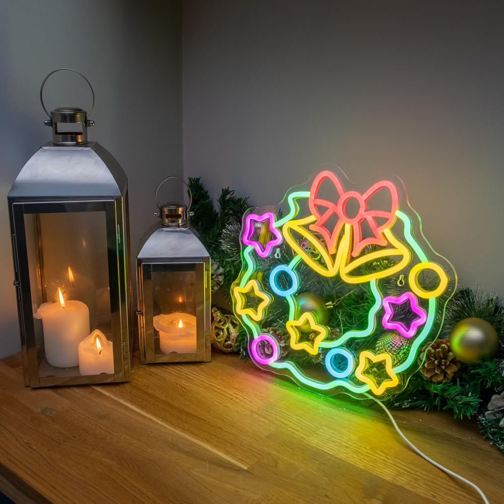 TRIXES Neon Wreath LED Light up Sign - Large 32Cm Retro Wall Decoration - Festive Hanging Decor USB Powered image number 6