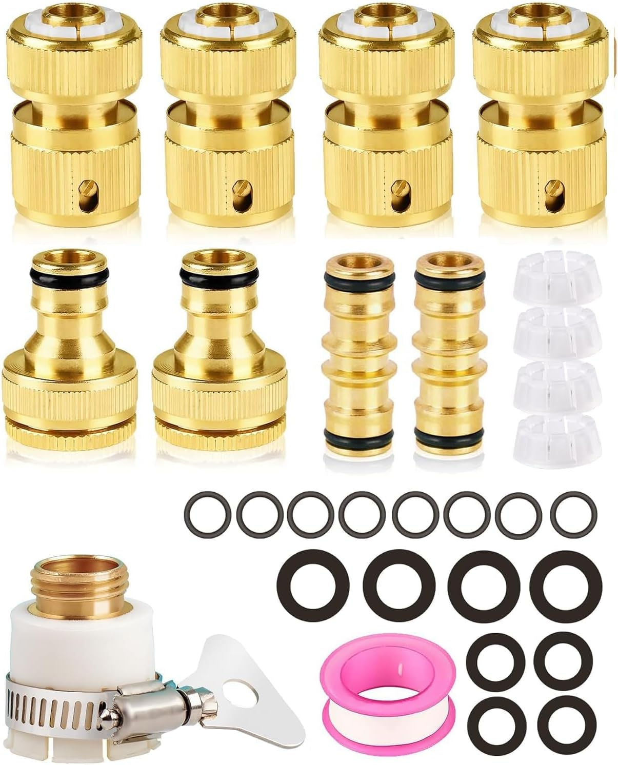 MLUOTALY Garden Hose Connector Kit, 1/2 Inch and 3/4 Inch Solid Brass Hose Tap Connectors, Tap Connector with Sealing Ring for Outdoor, Garden, Courtyard, Lawn (9Pack) image number 3