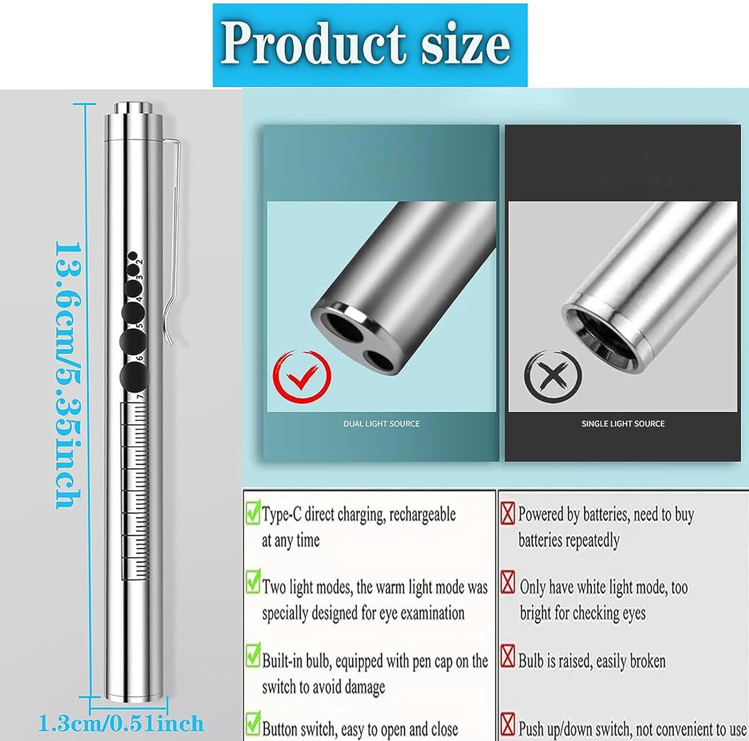 YUENTOEN Pen Light, LED Pupil Gauge Penlight with 2 Light LED Sources, USB Rechargeable Mini Penlight for Gifts Home Camping Outdoor(Silver)