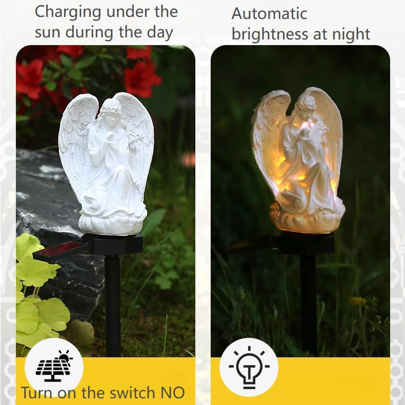YZYOE Solar Powered White Angel Lights, Garden Decorative Resin Cute Floor Lights, Wireless Dusk to Dusk LED Lights Waterproof