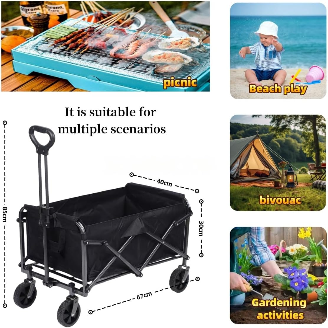 Collapsible Wagons Carts Foldable, Wagon Cart with Wheels, Heavy Duty Wagon 120L, 150Kg Beach Cart, 5CM Wide Big Wheels & Adjustable Utility Wagon, Garden Cart, Yard Cart, Wheelbarrow, Small Wagon