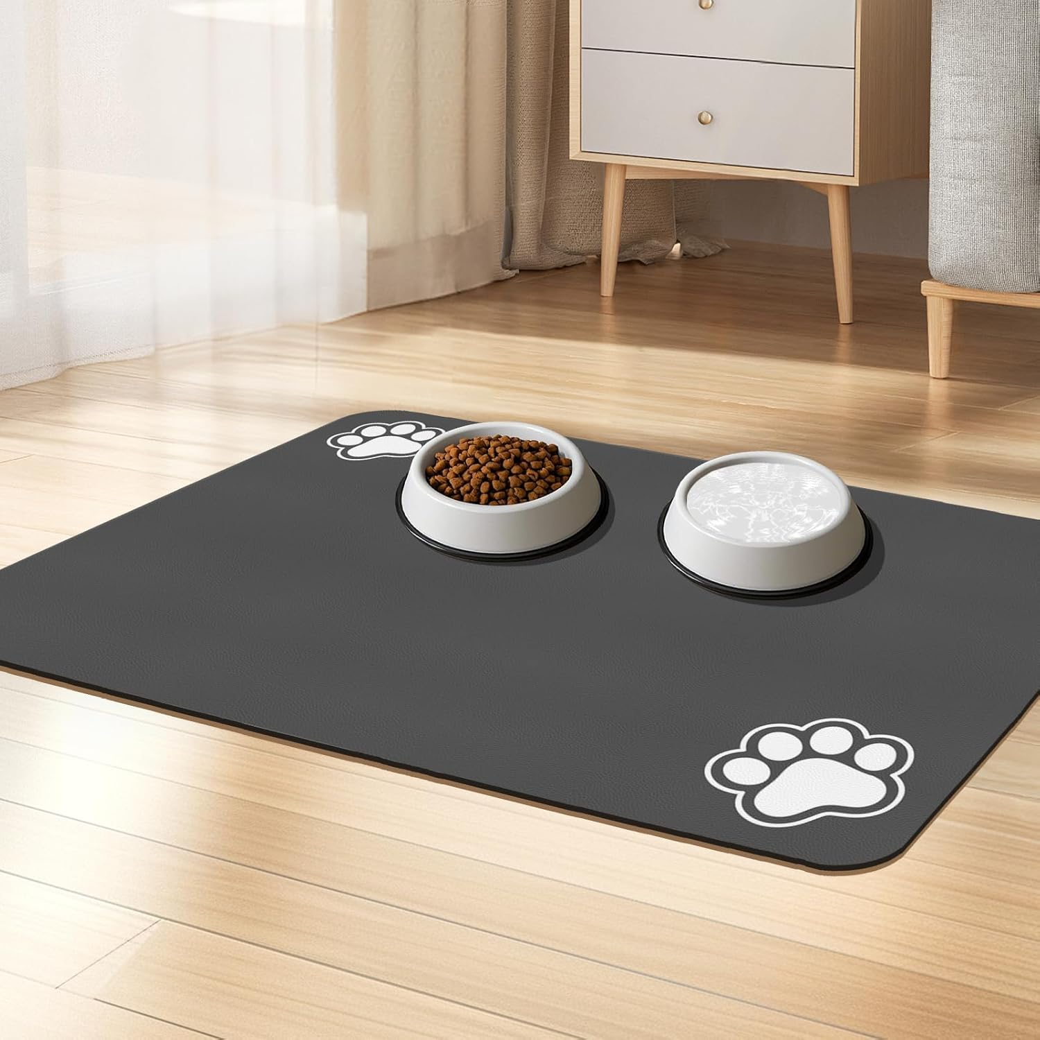 Dog Food Mat 2 Packs Absorbent Dog Cat Feeding Mat Placemat for Food and Water Bowl, Cat Food Mat Waterproof Rubber Backing, No Stains Quick Dry Water Dispenser Mat (Dark Grey (2 Packs), 40 X 60Cm)