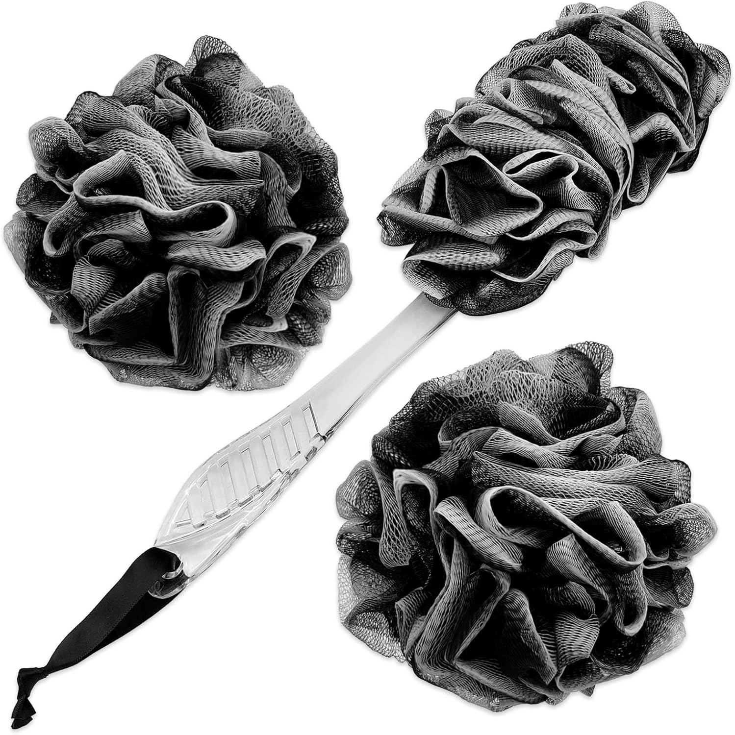 Loofah Bath Shower Sponge Body Scrubber,1 Long Handled Back Brush and 2 75G XL Exfoliate Mesh Pouf Shower Bouquet,3 Pack Shower Scrubber for Women and Men image number 1