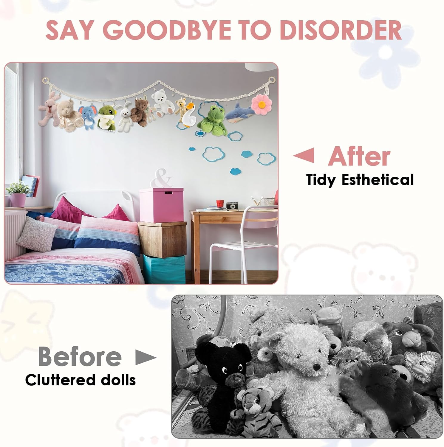 Stuffed Animals Storage Chain with Clips, Hanging Stuffed Animal Holder, Stuffed Animal Storage Hammock Corner,Boho Stuffed Animal Organizer Chain for Wall or Corner Nursery Play Room(1 PCS) - 2Pcs image number 5