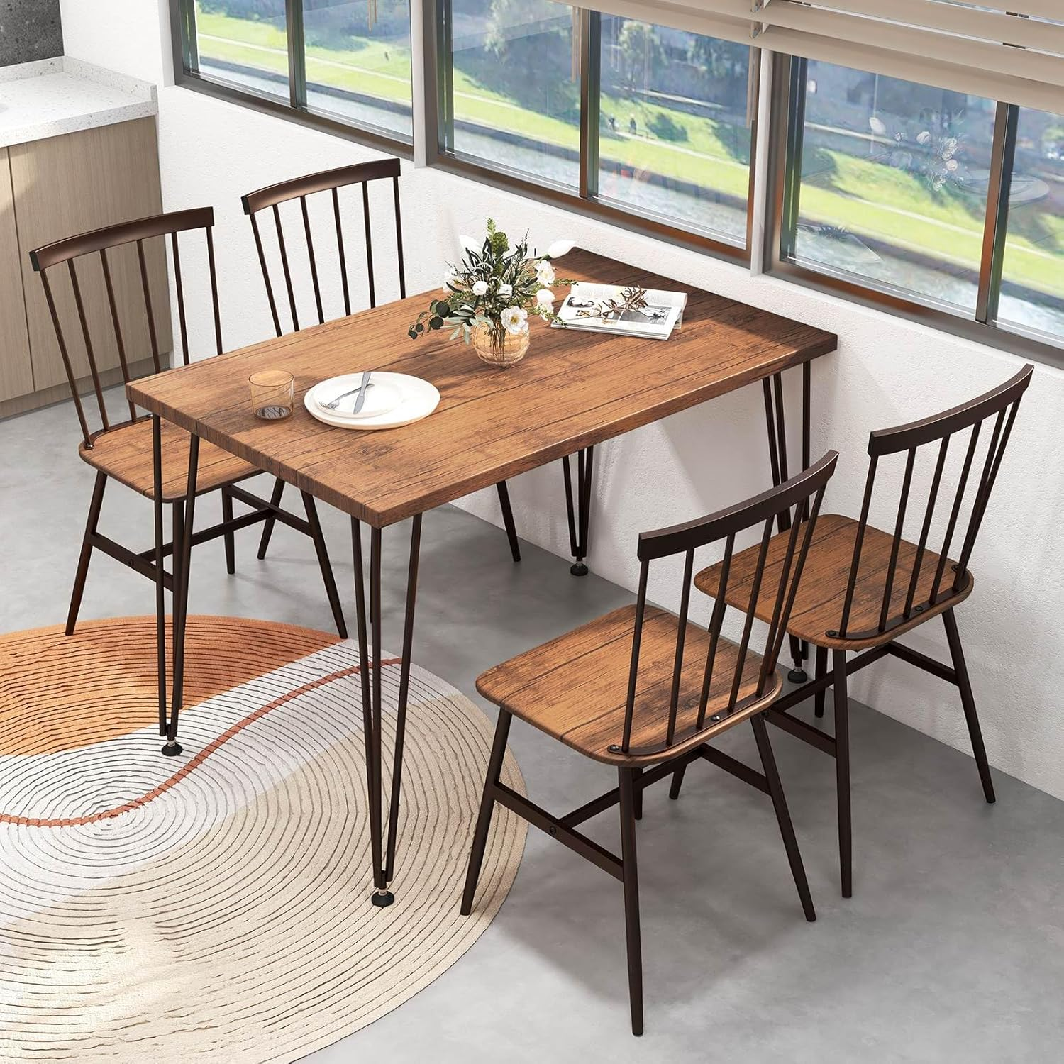 Giantex 5Pcs Dining Table Set for 4, Modern Kitchen Dining Room Furniture Set W/Kitchen Table, 4 Chairs, 360&deg; Swivel Feet, Metal Frame, Dinette Set for Small Place Home Office Breakfast Nook (Walnut) image number 4