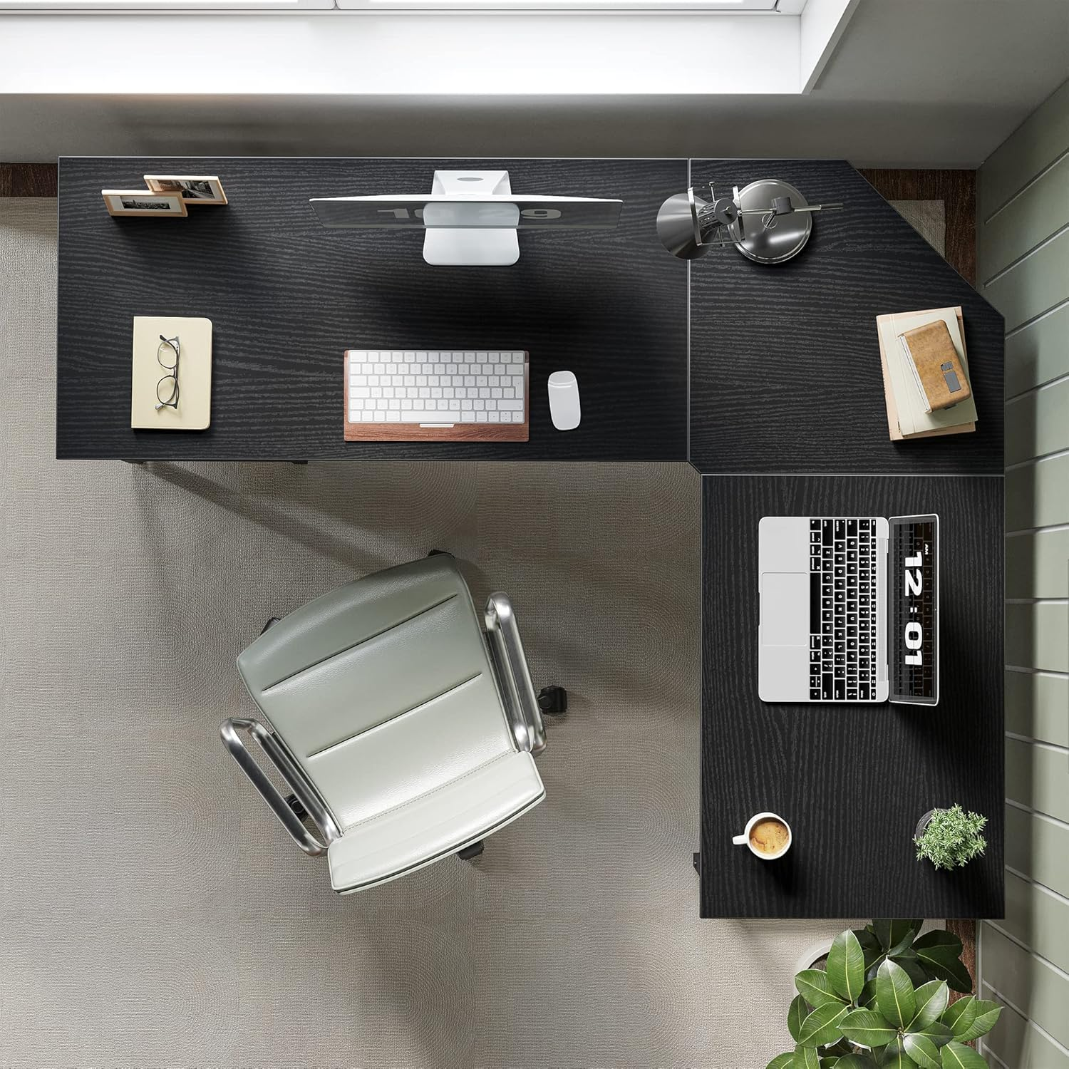 Cubicubi L Shaped Computer Desk, 150 Cm Industrial Office Desk with Storage Shelves, White Wood and Metal Corner Desk for Home Office, Black image number 6