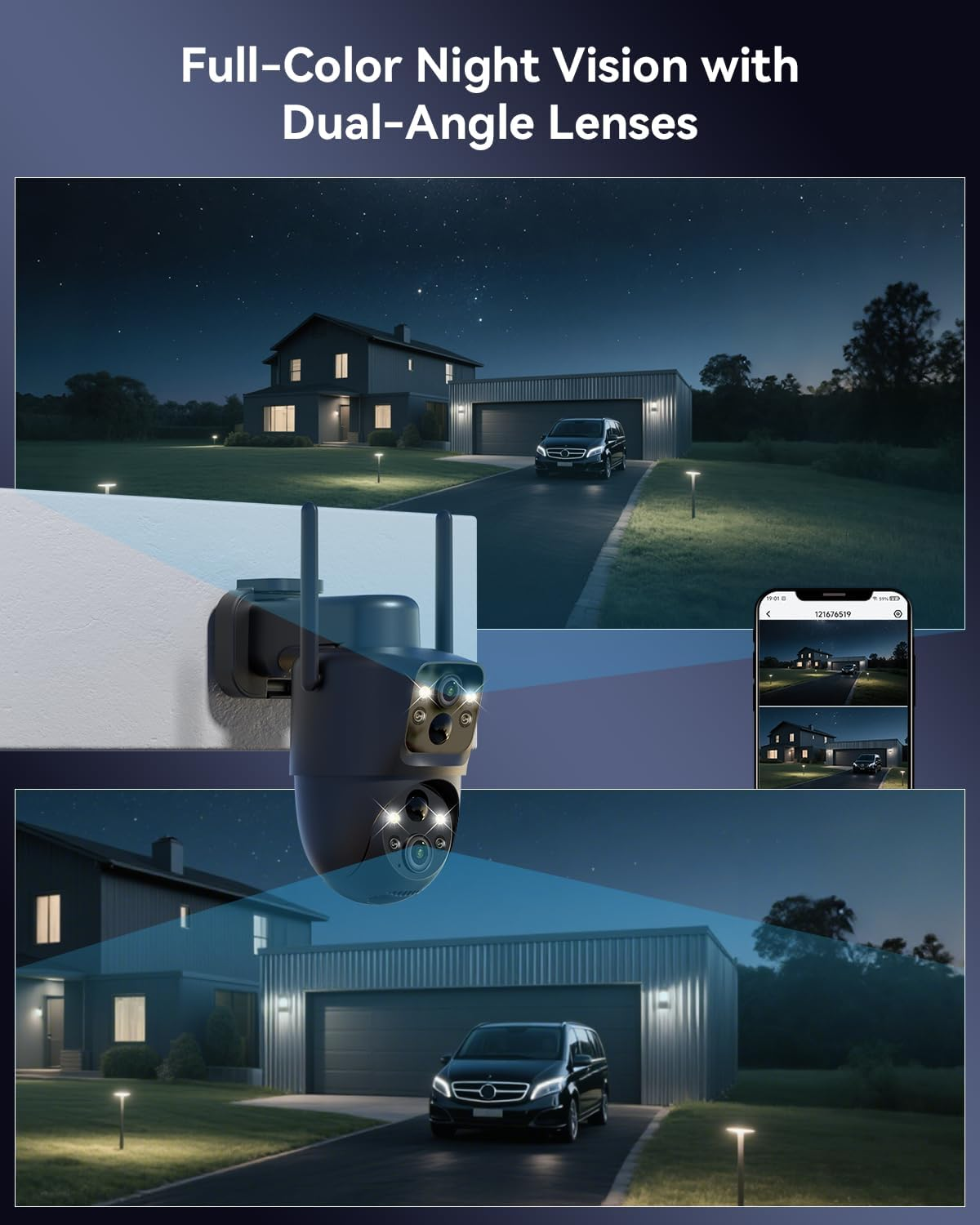 COCOCAM 2K Dual Lens Security Camera Wifi Outdoor Wireless, 10000Mah Battery, 6W Solar Panel, Dual PIR & AI Human Detection, Color Night Vision, 355&deg;P 90&deg;T, AES 128 Encryption, IP66, 2.4G Wifi image number 2