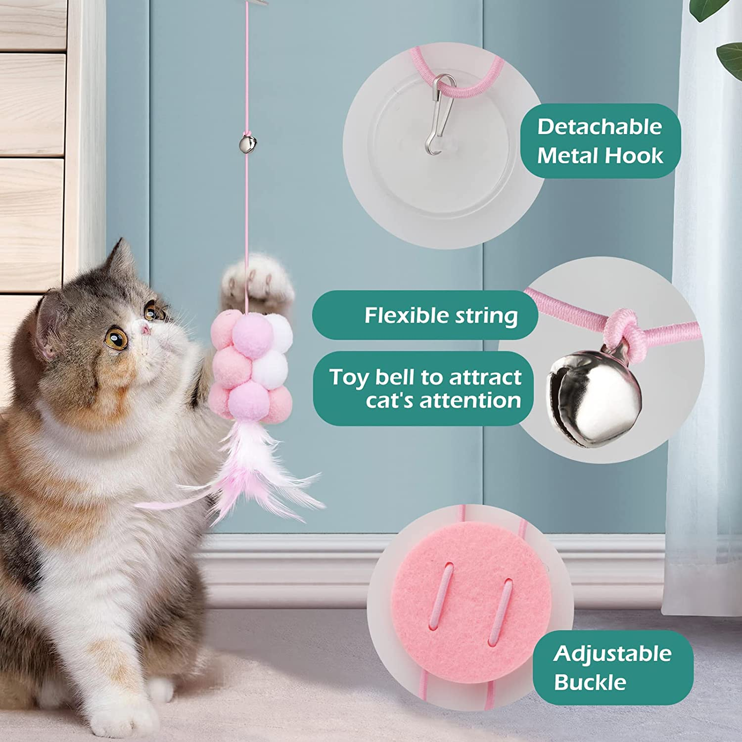 Geeric 5 Pack Interactive Cat Feather Toys, Over-The-Door Cat Toys Retractable Cat Teaser Toy Hanging Interactive Cat Toys for Indoor Cats Kitten Play Chase Exercise Interactive Elastic Rope Cat Teasers image number 2