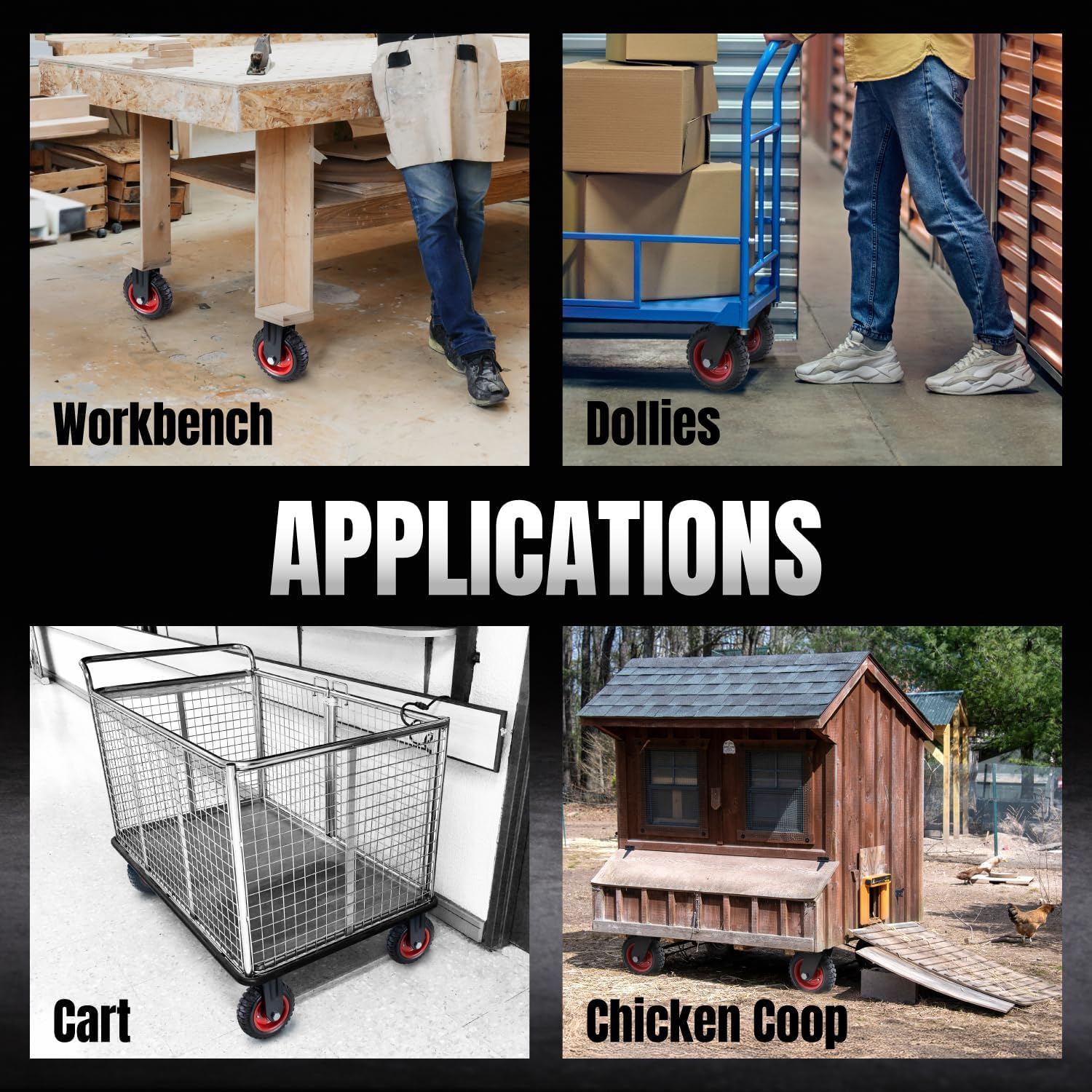 POWERTEC 8 Inch Caster Wheels, Heavy Duty Swivel Plate Casters with Rubber Knobby Tread for Workbench, Dolly, Cart, Trolley, Wagon and Chicken Coop, Large Rubber Castor Wheels, 1PK (17051) image number 5