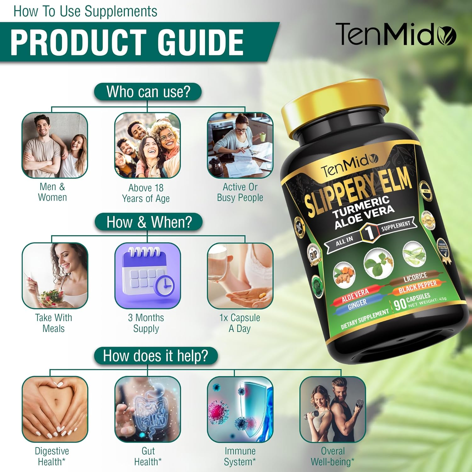 Tenmido Slippery Elm Supplements - 6In1 with Turmeric Curcumin, Aloe Vera, Ginger, Licorice & Black Pepper - Digestive Health - 90 Vegan & Non-Gmo Capsules image number 4