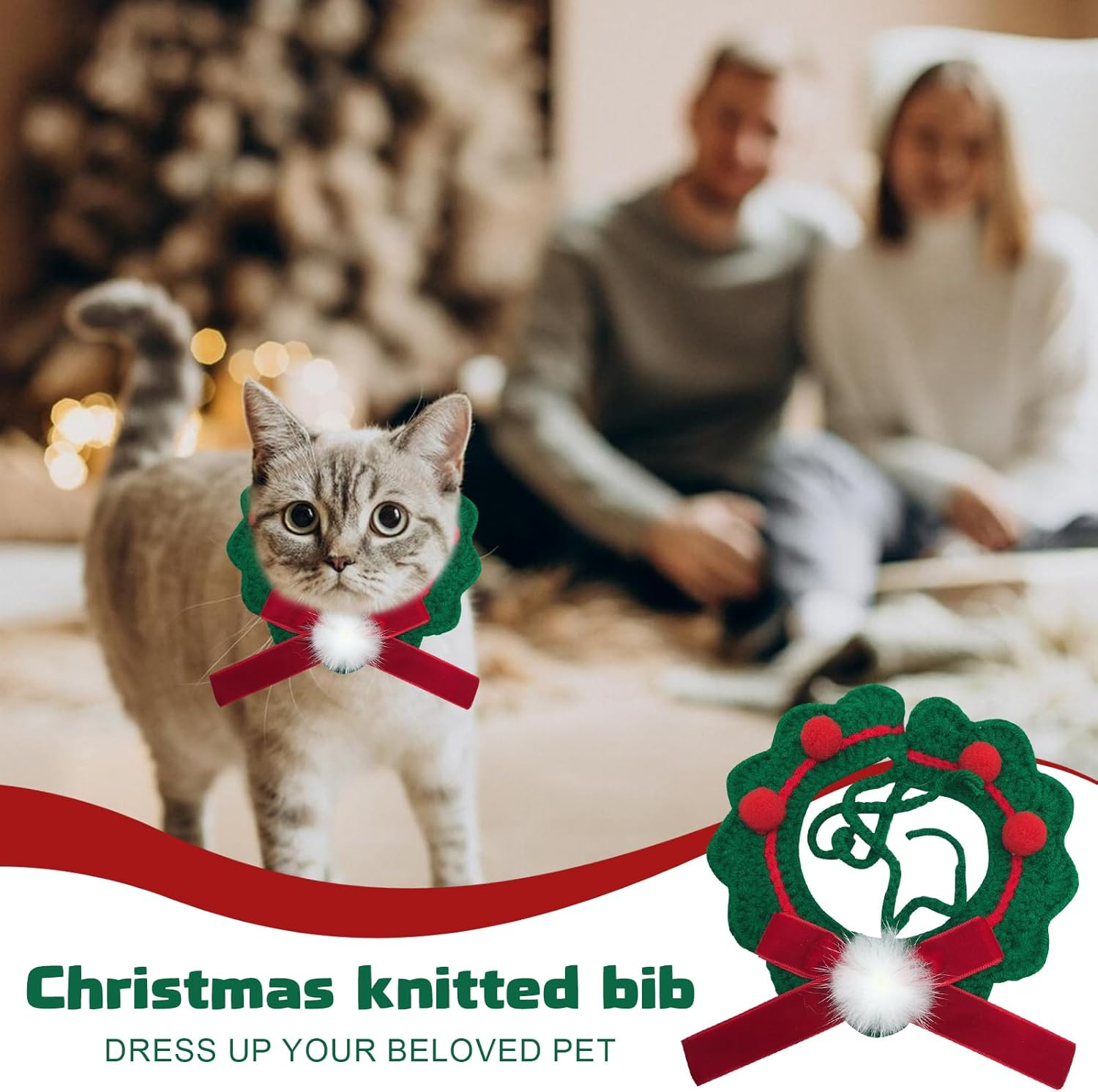 Christmas Pet Collar Cat Puppy Christmas Hand Knitted Collar Bow Tie Cat Soft Adjustable Pet Scarf Winter Cat Neck Warmer Christmas Costume Gift for Puppies Cats (Green)