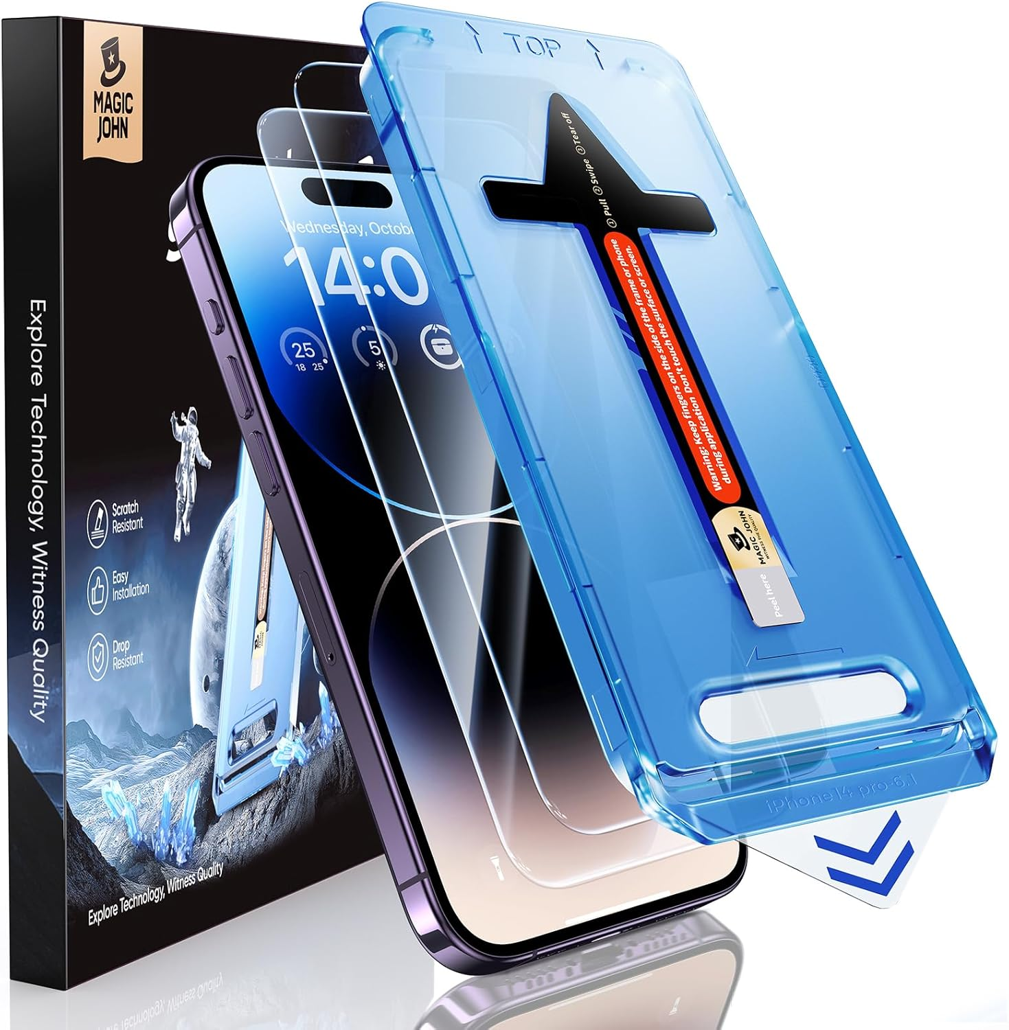 MAGIC JOHN 2 Pack for Iphone 14 Pro 6.1 Inch Tempered Glass Screen Protector, Auto Dust-Elimination Installation, Bubble Free, Dynamic Island Compatible, HD Clear, Easy Installation image number 6