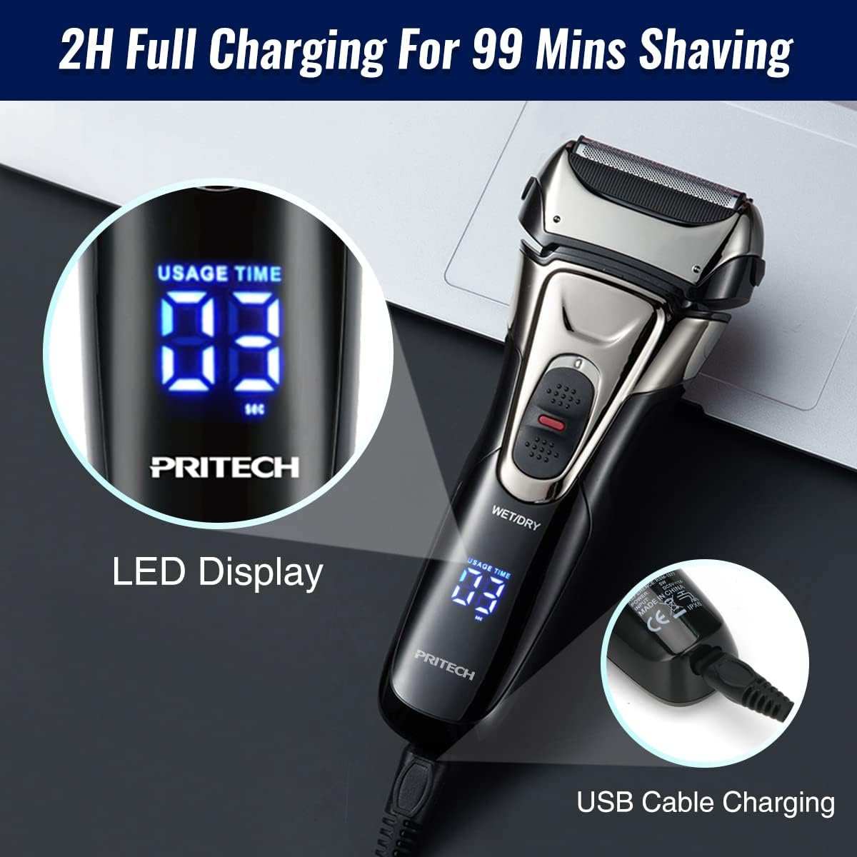 Electric Razor for Men Foil Electric Shavers for Men Face Electric Razors for Shaving Face Men&rsquo;S Electric Shavers Cordless Rechargeable Beard Shaver Waterproof LED Display Wet Dry Use by PRITECH image number 3