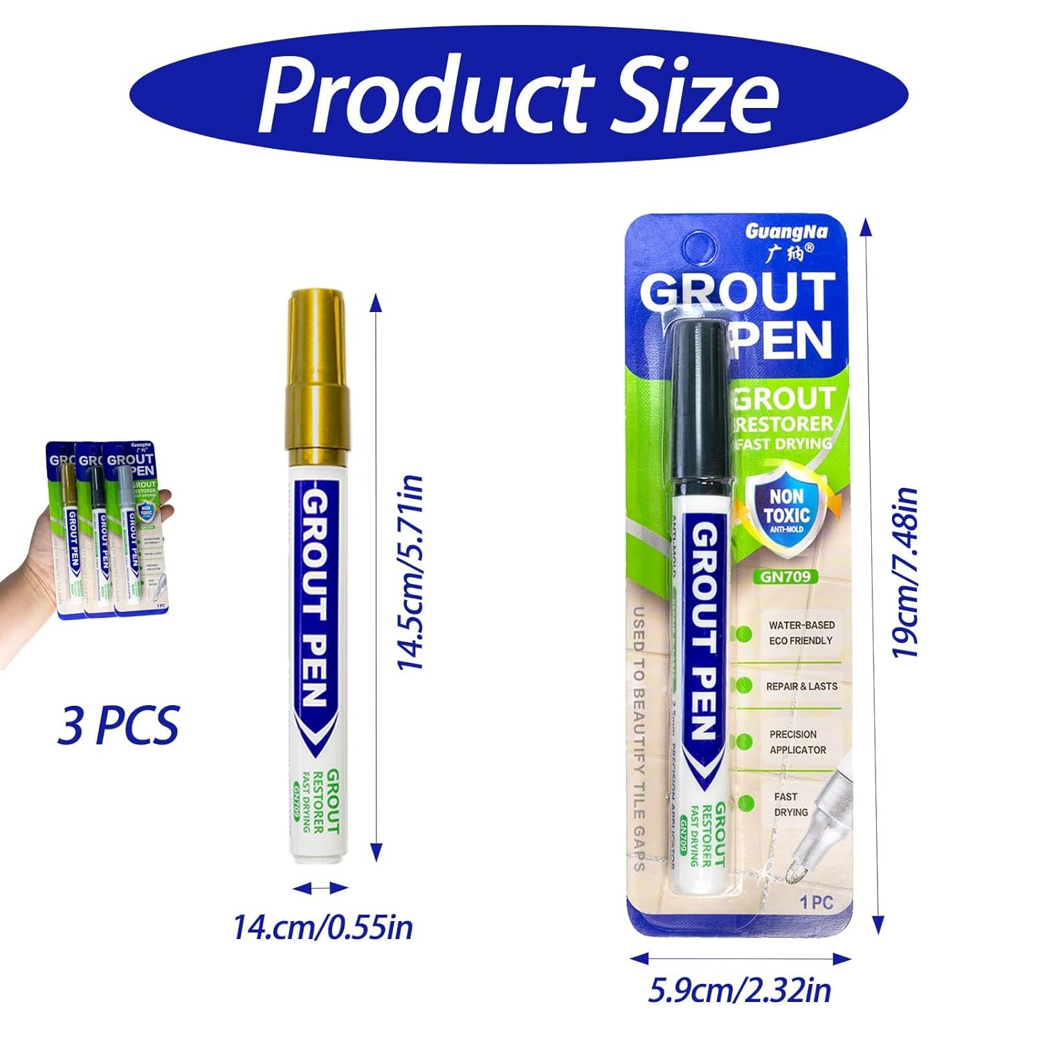 3 Pcs Grout Pen Set, Waterproof Tile Paint Marker for Tile Grout Repair and Colour Renewal, for Bathroom Kitchen Floor Wall Home Improvement Essentials (Grey, Dark Grey, Gold) image number 2