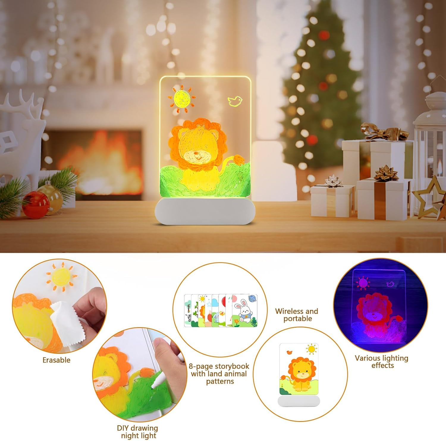 DIY Atmosphere Night Light, LED Acrylic Bedside Lamp with 3 Light Modes, Personalised Night Light Children, 3D Creative Lamp with Drawings and Erasable Pen for Girls and Boys (Landanimals) image number 3