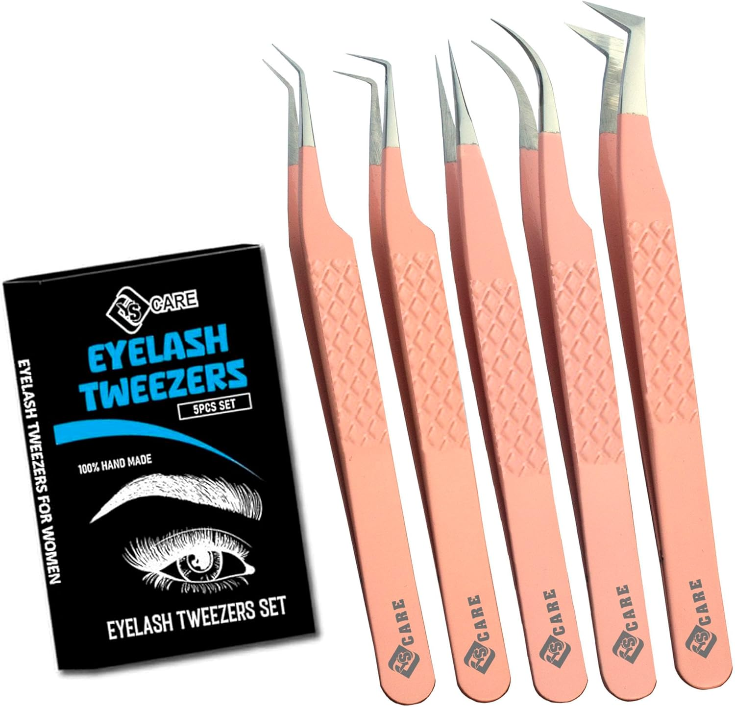 YSACRE Eyelash Extension Tweezers Set of 5 Japanese Stainless Steel Diamond Grip Lash Tweezers for Straight Curve 45 Degree 90 Degree Lash Volume Women (Pink) (Black/Gold)