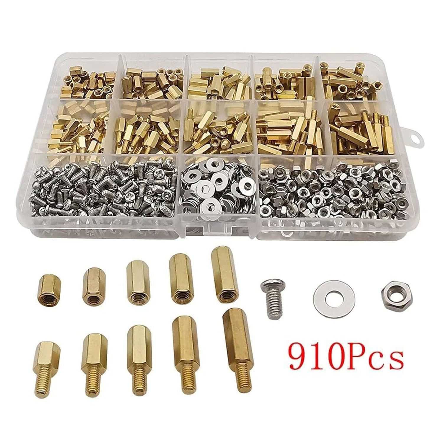 910Pcs/Set Male Female Hex Brass Standoff Spacer Kit Brass Standoff Spacer Kitwith Screw Nut and Washer PCB Motherboard Standoff Assortment Kit image number 5