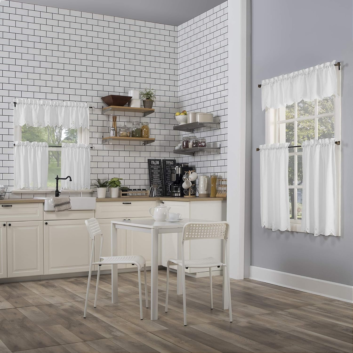 No. 918 Mariela Floral Trim Semi-Sheer Rod Pocket Kitchen Curtain Valance and Tiers Set, 58" X 24", White image number 1