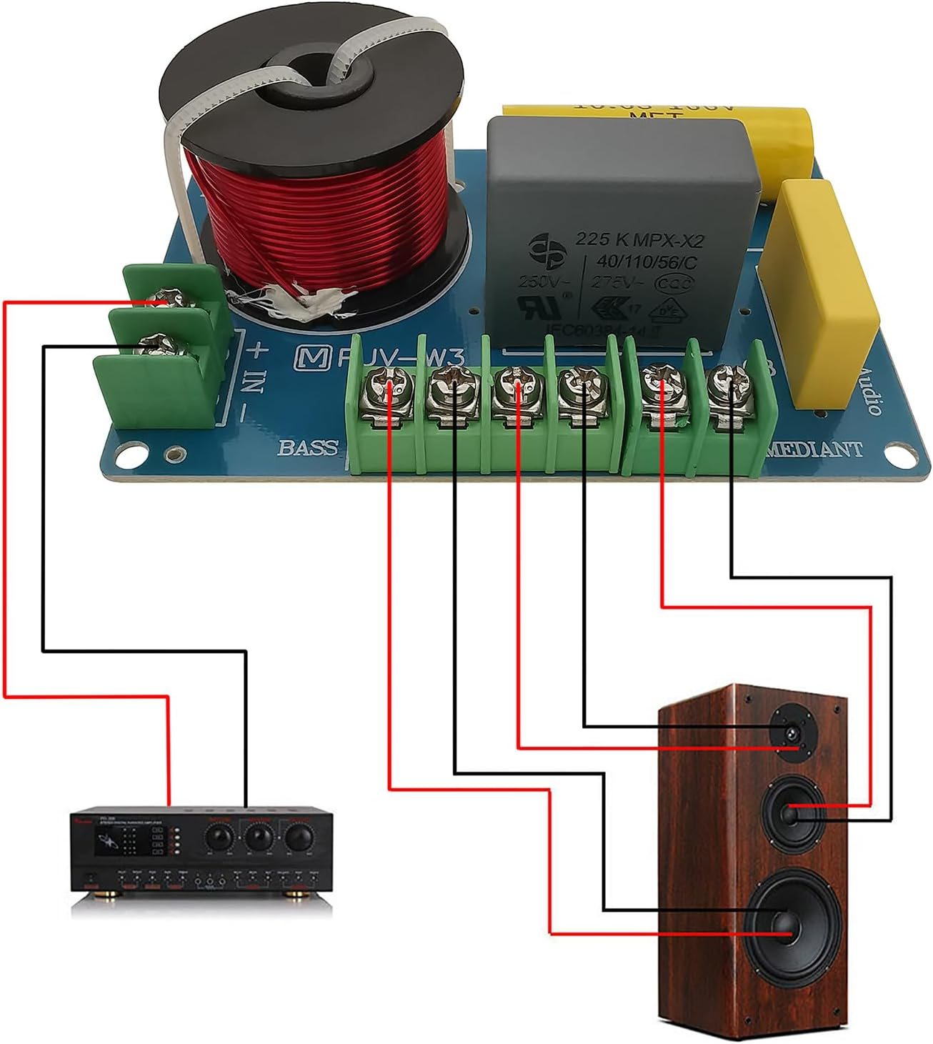 3 Way Speaker Crossover, PUV-W3 200W Passive Crossover for Hifi Home Audio 4 to 8 Ohm Bass Mediant Tweeter Bookshelf Speakers - 2Pack image number 4