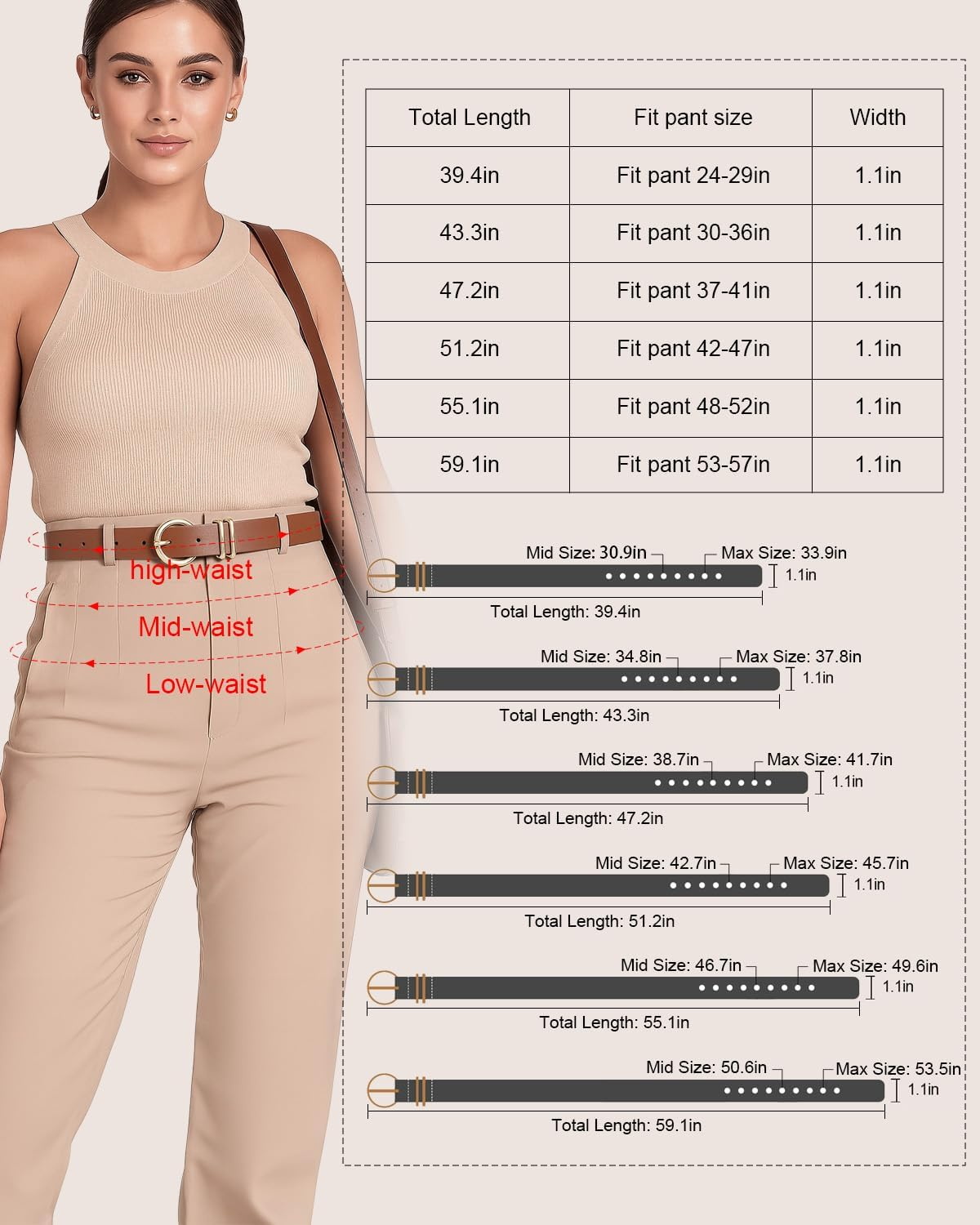 2 Pack Double Ring Belt for Women, Faux Leather Jeans Belts with Golden Circle Buckle, 01 Black+Brown+Beige, Fit Pant 31-36In