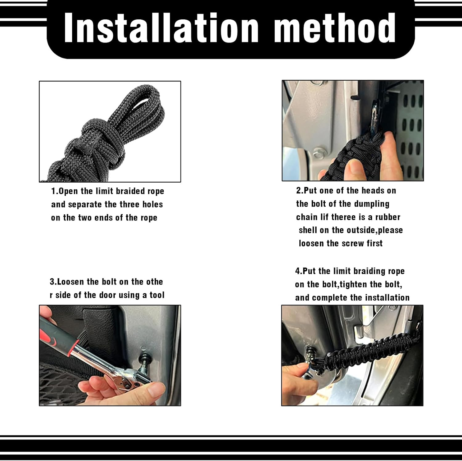 Yumfugu Pack-2 Car Door Limit Straps, Heavy-Duty Paracord Hand-Woven Straps Locator, Tensile Resistant Door Swing Limiter, Swing Door Check Limiter, for Jeep Wrangler CJ YJ TJ JK JKU JL (Black) image number 2