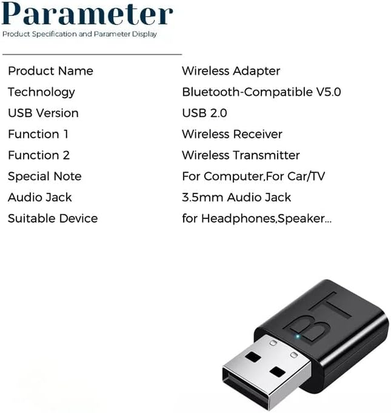 Mrcomputerguy USB Bluetooth 5.0+EDR Adapter, Mini Bluetooth Transmitter Receiver, Hi-Fi Wireless Audio Adapter Dongle with 3.5Mm AUX for PC TV Headphones Car Home Stereo, USB Power Supply, No Driver Required