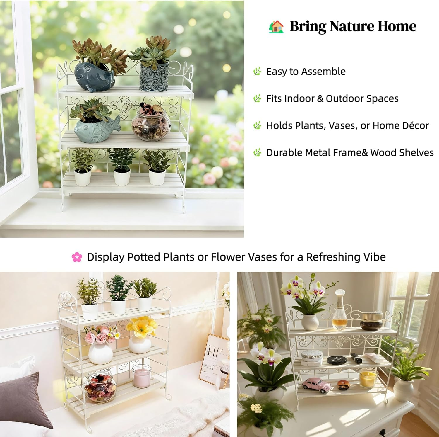 Celsaovo Decorative Plant Shelves & Countertop Storage Rack &ndash; White Metal & Wood, Space-Saving Freestanding Rack, Easy Tool-Free Setup for Kitchen, Plants & Spices - White image number 3