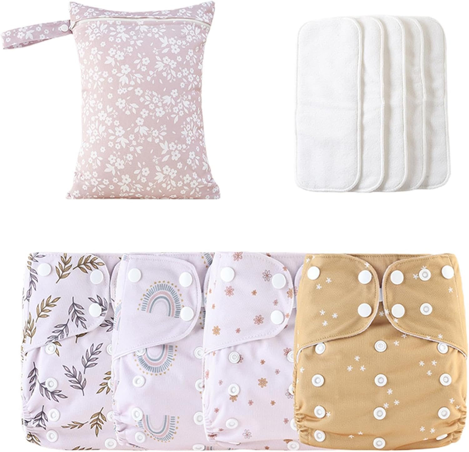 Reusable Diapers Baby | Reusable Adjustable Cloth Diapers | 4X Absorbent & Breathable Liners, Waterproof Cover with 4 Inserts & 1 Wet Bag for Toddler Boys Girls