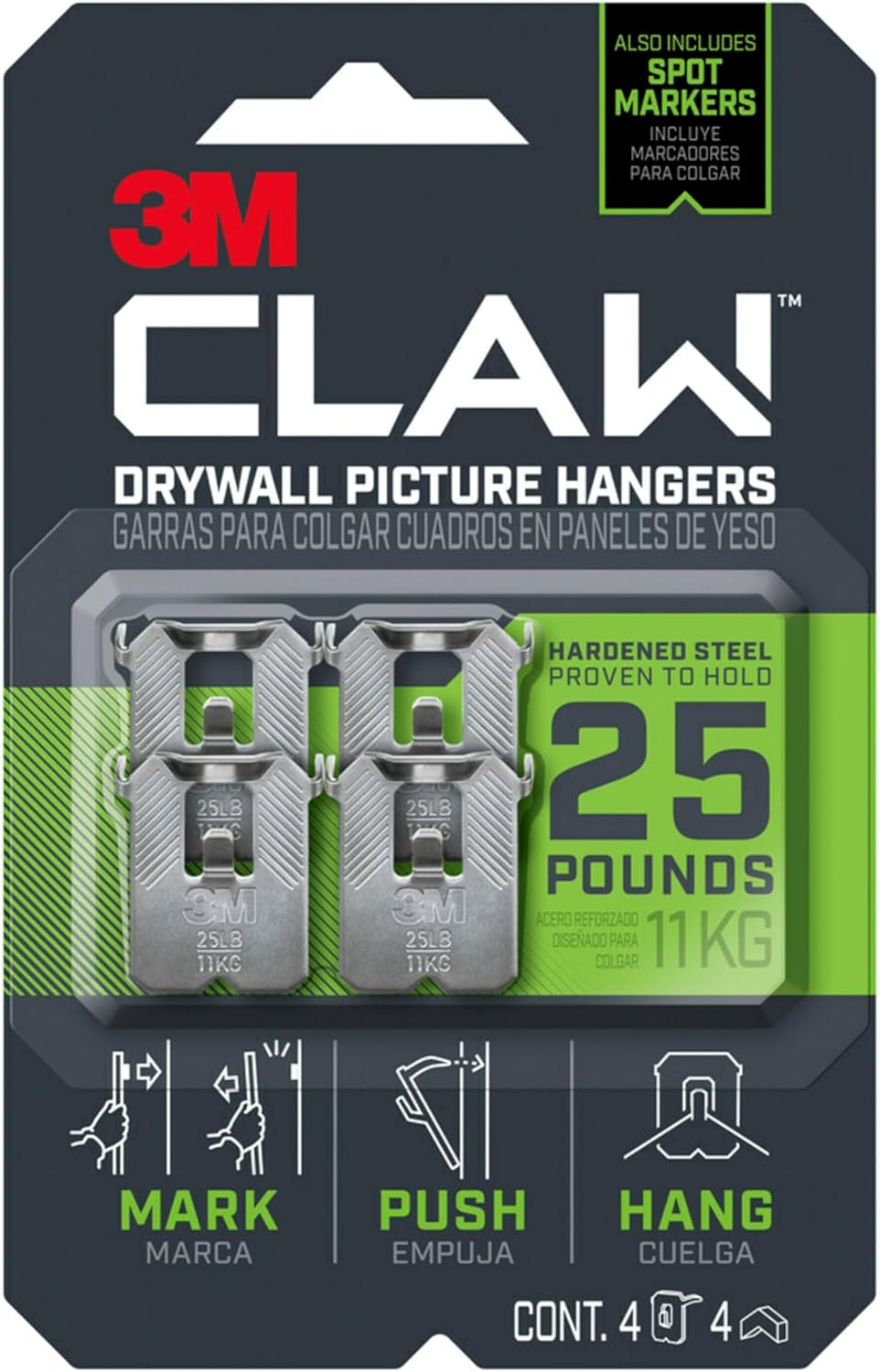 3M Claw Stainless Steel Drywall Picture Hanger 11 Kg Capacity (Pack of 4)