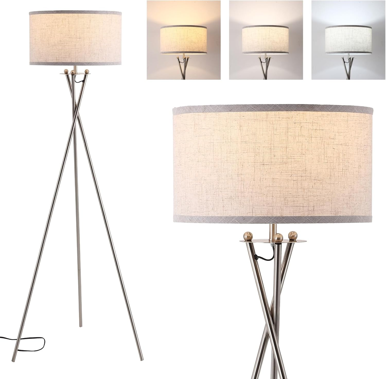 EOEYYOYB Tripod Floor Lamp with Linen Drum Shade, Modern Polished Brass Tall Floor Lamp, Reading Standing Light for Living Room Bedroom Office, Gold