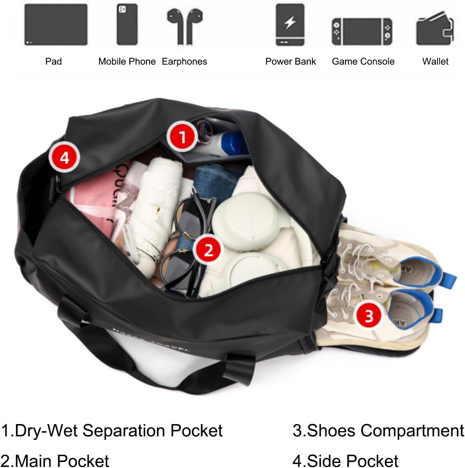 Expandable Travel Duffel Bag for Women Men, Overnight Weekender Bag with Shoes Compartment, Shoulder Large Carry on Bag or Gym Tote Bag for Sports Travel Hospital, Black image number 1