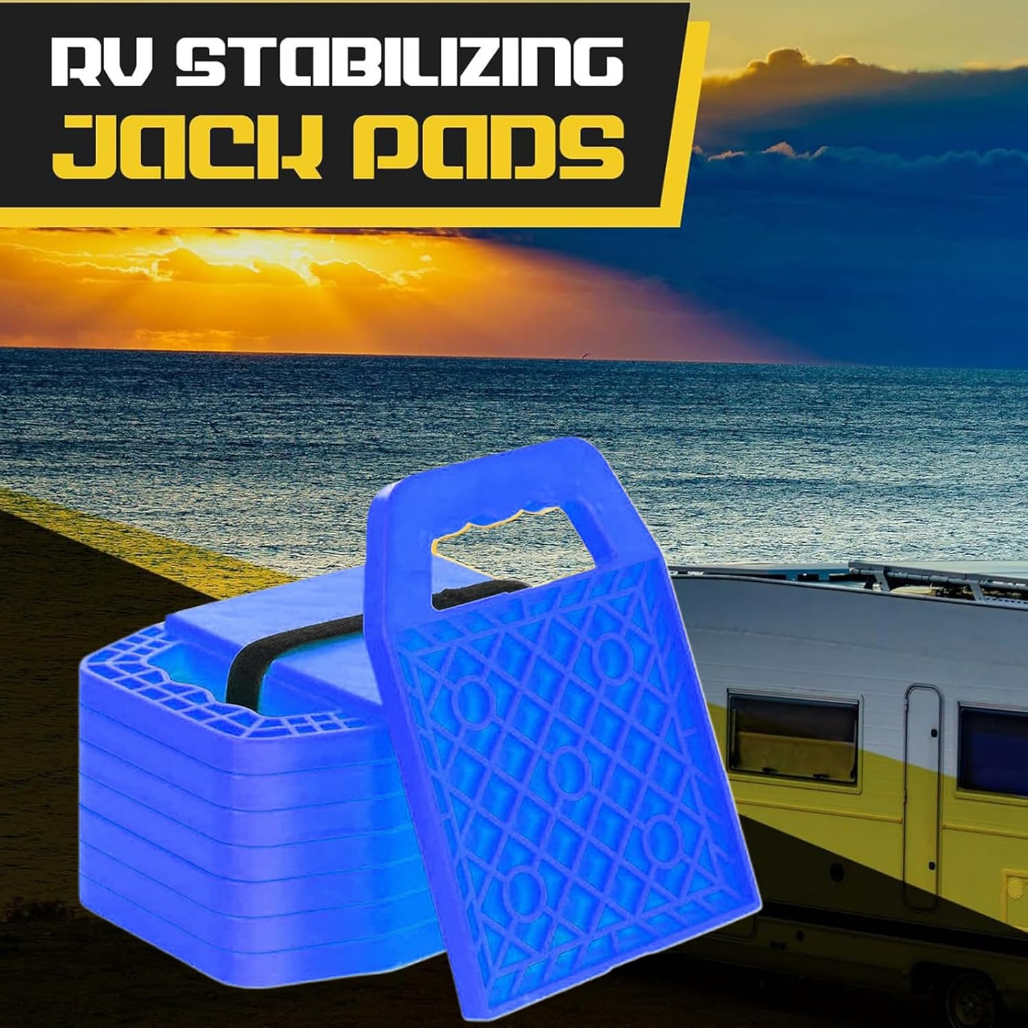 RV Jack Pads, Flattener Block Set of 4, Anti-Slip RV Leveling Support Mat for Parking Caravan Travel Picnic Pool Beach Outdoor Camping Maintenance Road Trip - Yellow image number 5