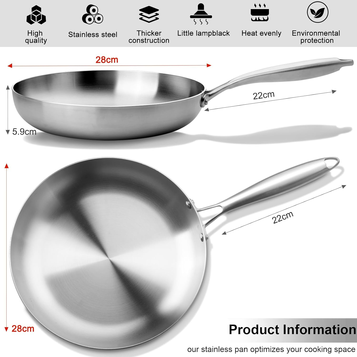Stainless Steel Nonstick Frying Pan Wok, 28Cm, Tri-Ply Clad, Induction & Gas Stove Compatible image number 4