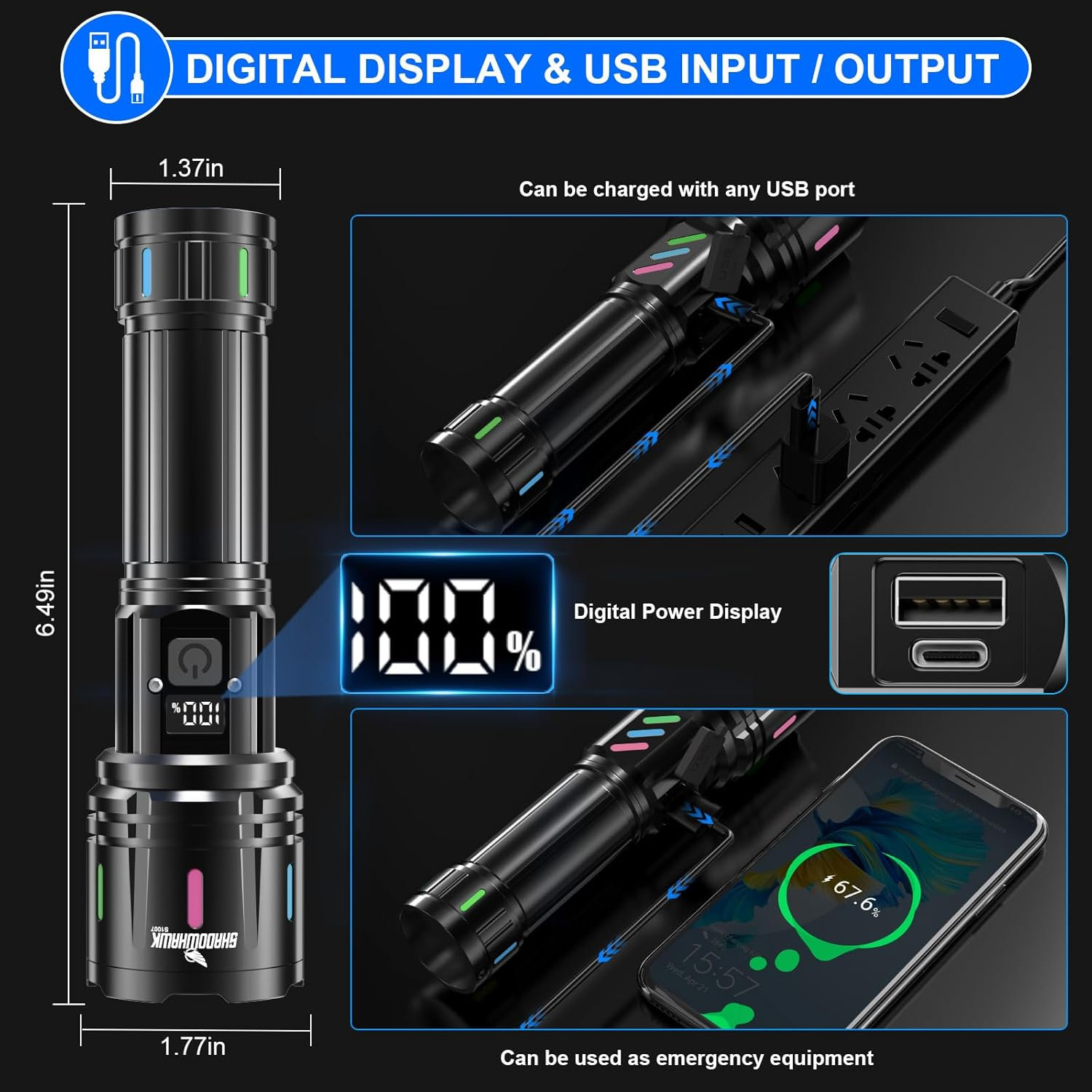 Shadowhawk LED Torch Rechargeable 30000 Lumens, 1500M Long Throw Flashlight, LCD Display Handheld Torches, XHM90.2 Super Bright Tactical Flashlight, Powerful Flash Light for Camping Hunting Gifts