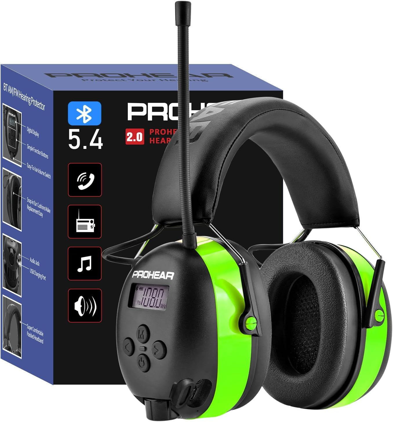 PROHEAR 033 Bluetooth AM/FM Radio Headphones with 2000Mah Rechargeable Battery, 25Db NRR Noise Reduction Safety Earmuffs