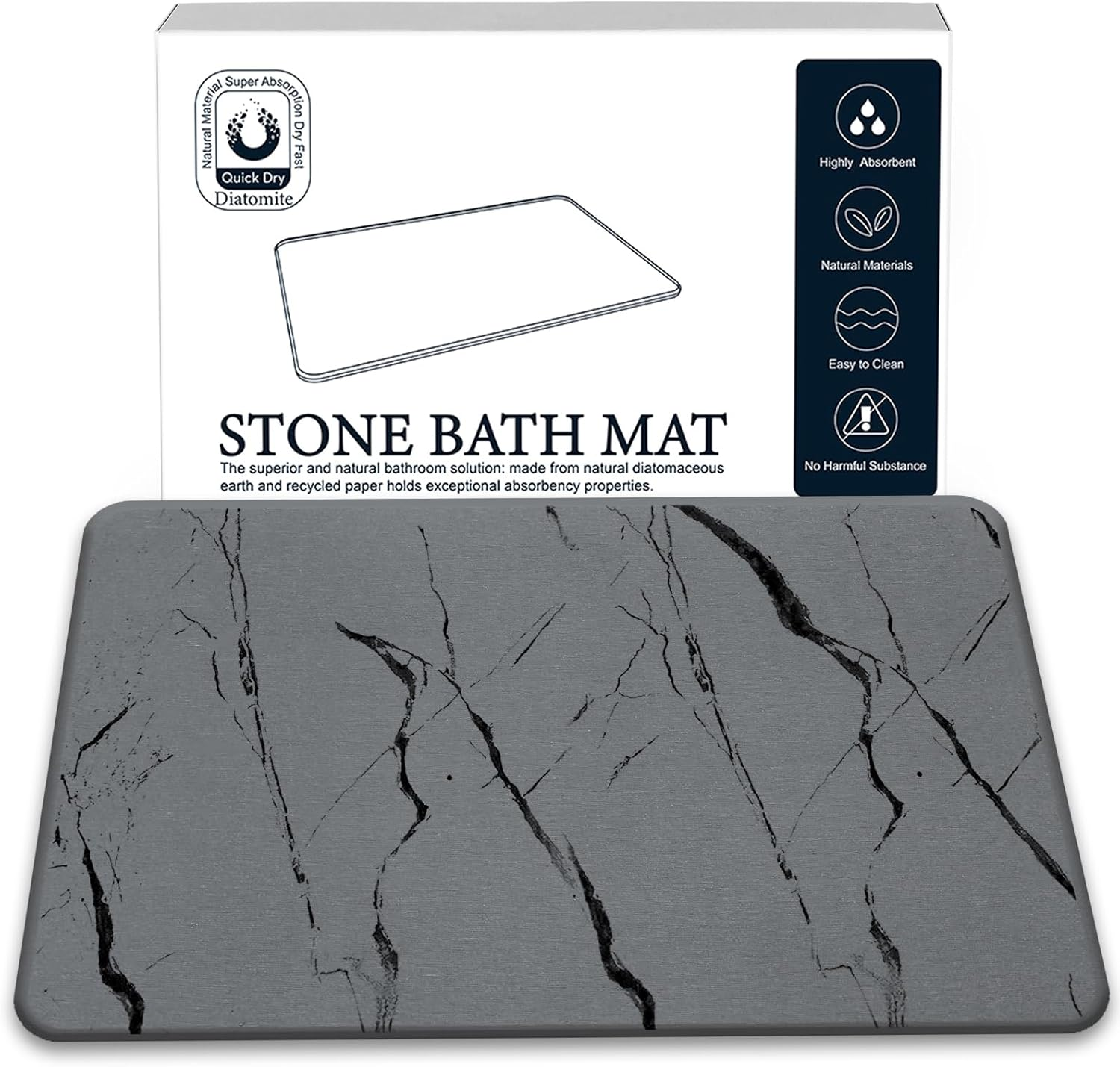 Stone Bath Mat, Diatomaceous Earth Shower Mat,(23.6" X 15.4") Non-Slip Super Absorbent Quick Drying Bathroom Floor Mat, Natural-Elegant & Modern Design, Easy to Clean (Striped Dark Gray)
