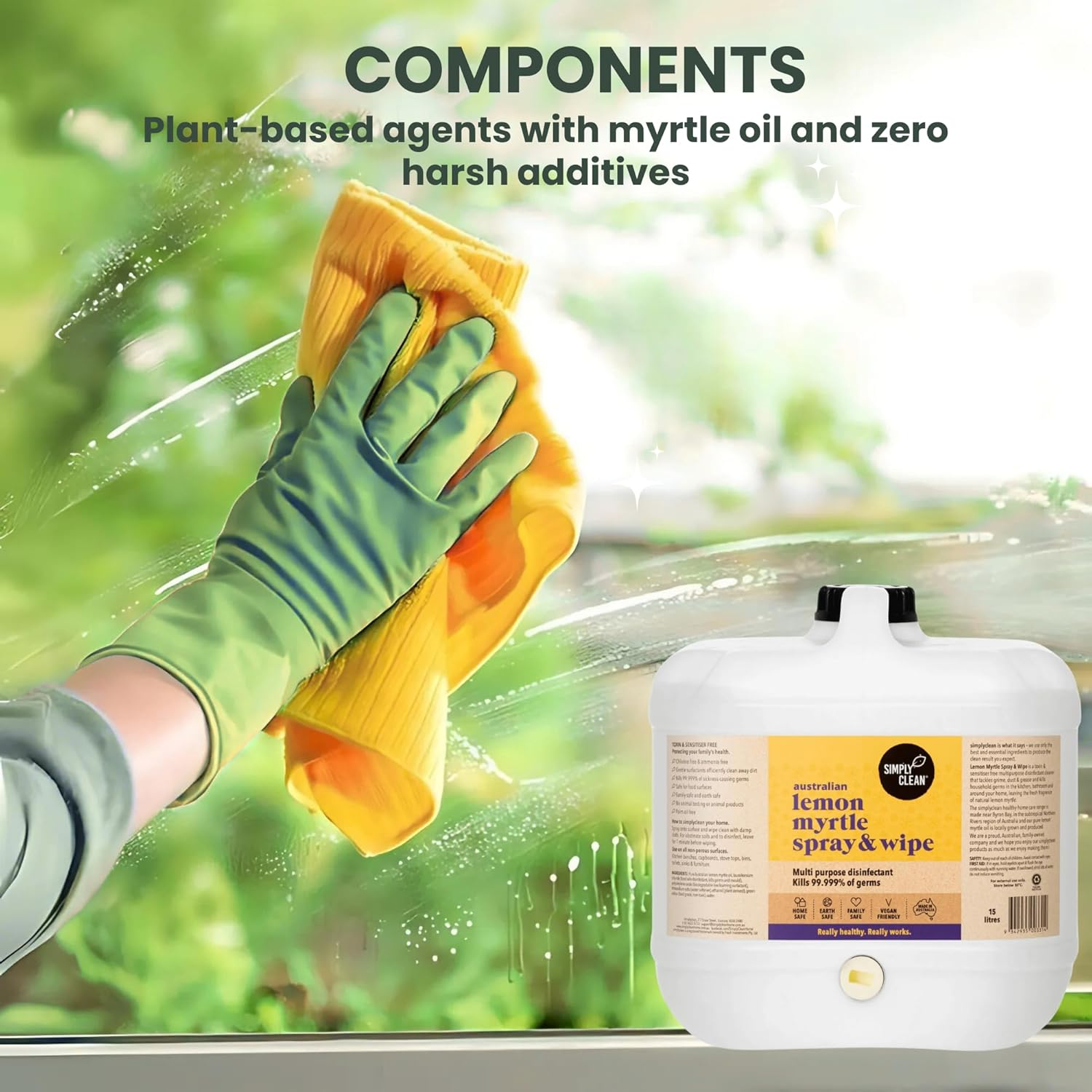 Simplyclean Lemon Myrtle Spray & Wipe - Natural Multi-Purpose Cleaner with Australian Lemon Myrtle Essential Oil - Kitchen and Bathroom Surface Cleaner - Ammonia Free - All Purpose Spray - 15 Ltr
