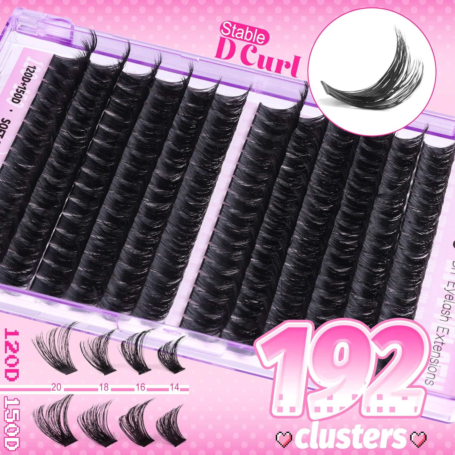 Lash Clusters Kit 14-20MM Long Eyelash Extension Kit 192Pcs Thick Volume DIY Lash Extensions Kit Fluffy Cluster Lashes D Curl Individual Lashes Kit 120D+150D Cluster Eyelash Extensions Kit image number 1